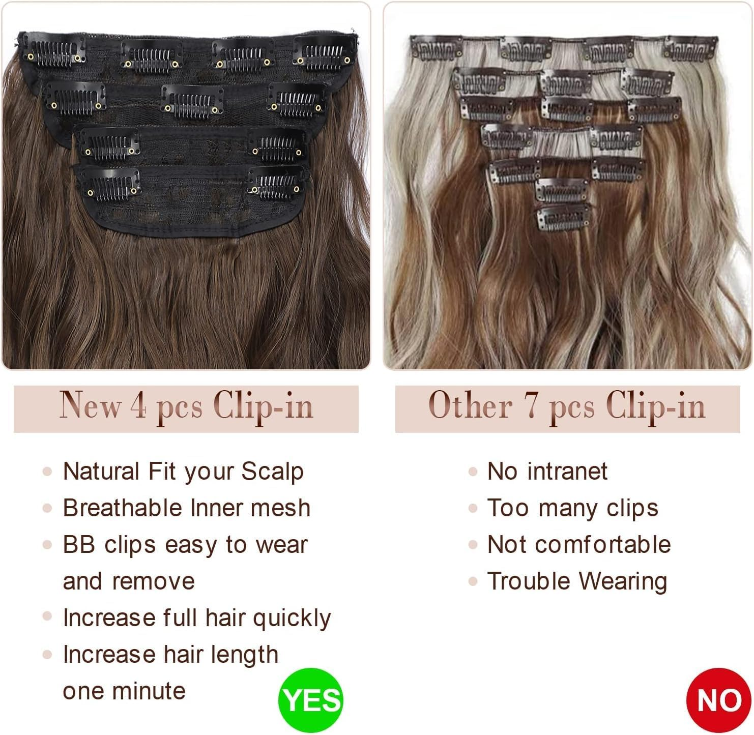 FINE plus Clip-In Extensions, 4 Pieces Long Wavy Hair Extensions Clip in Dark Brown Soft Double Weft Brunette Extensions with Clip Synthetic Hairpiece for Women - 50.8 Cm image number 4