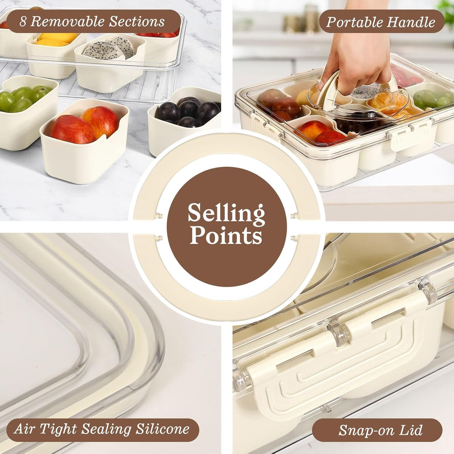 Snack Box Container, Divided Serving Tray Platter with Airtgiht Lid & Handle,8 Compartments Food Storage Lunch Organizer Kitchen Portable Platters Organizer for Candy Fruits Nuts Spices image number 6