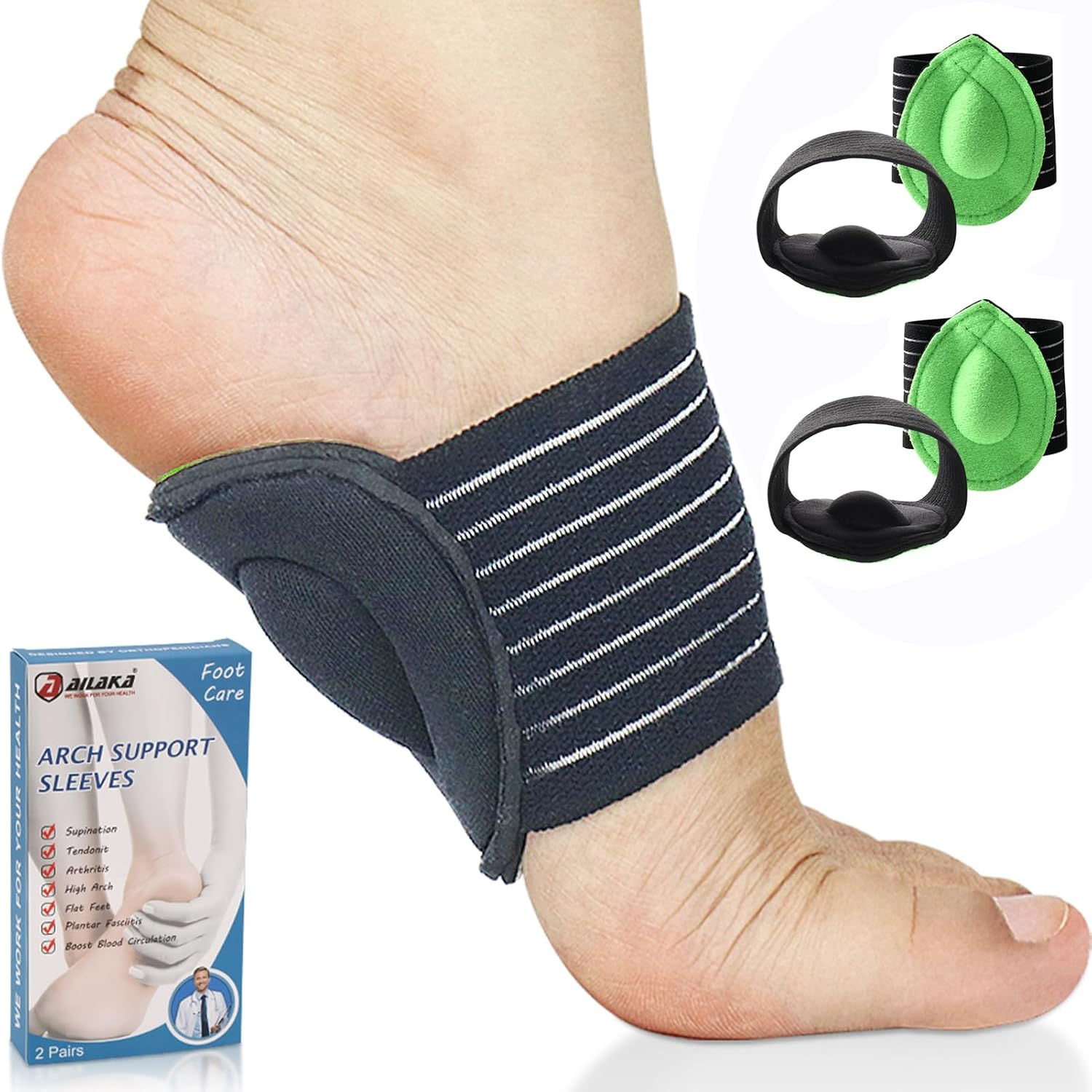 Ailaka 2 Pair Compression Cushioned Arch Support Brace, Plantar Fasciitis Sleeves for Pain Relief & Sore, Flat Feet, Heel Spurs