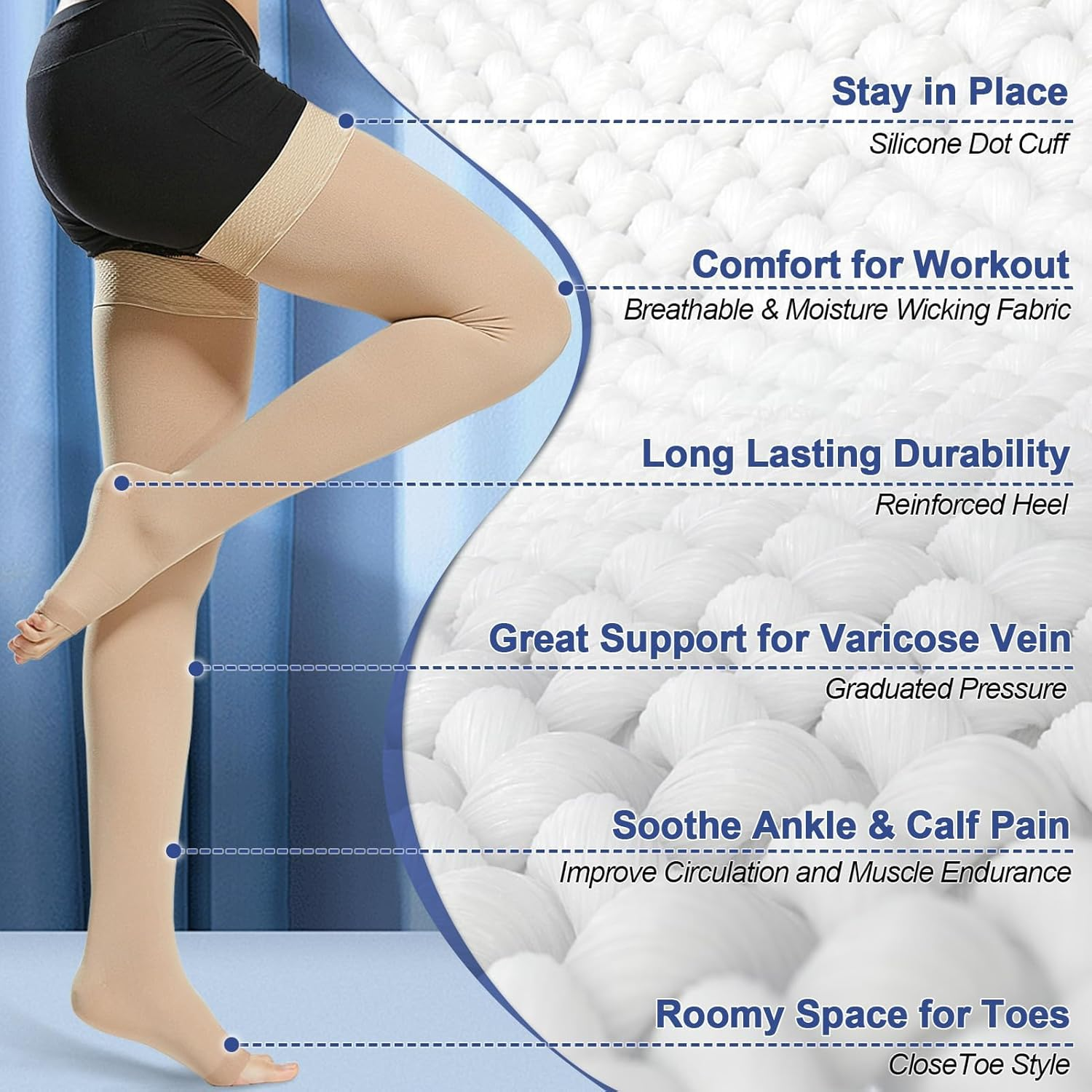 Beister Compression Stocking 20-30 Mmhg for Women & Men, 1 Pair Open Toe Thigh High Compression Socks with Silicone Band Gives Graduated Support for Travel, Flight, Running