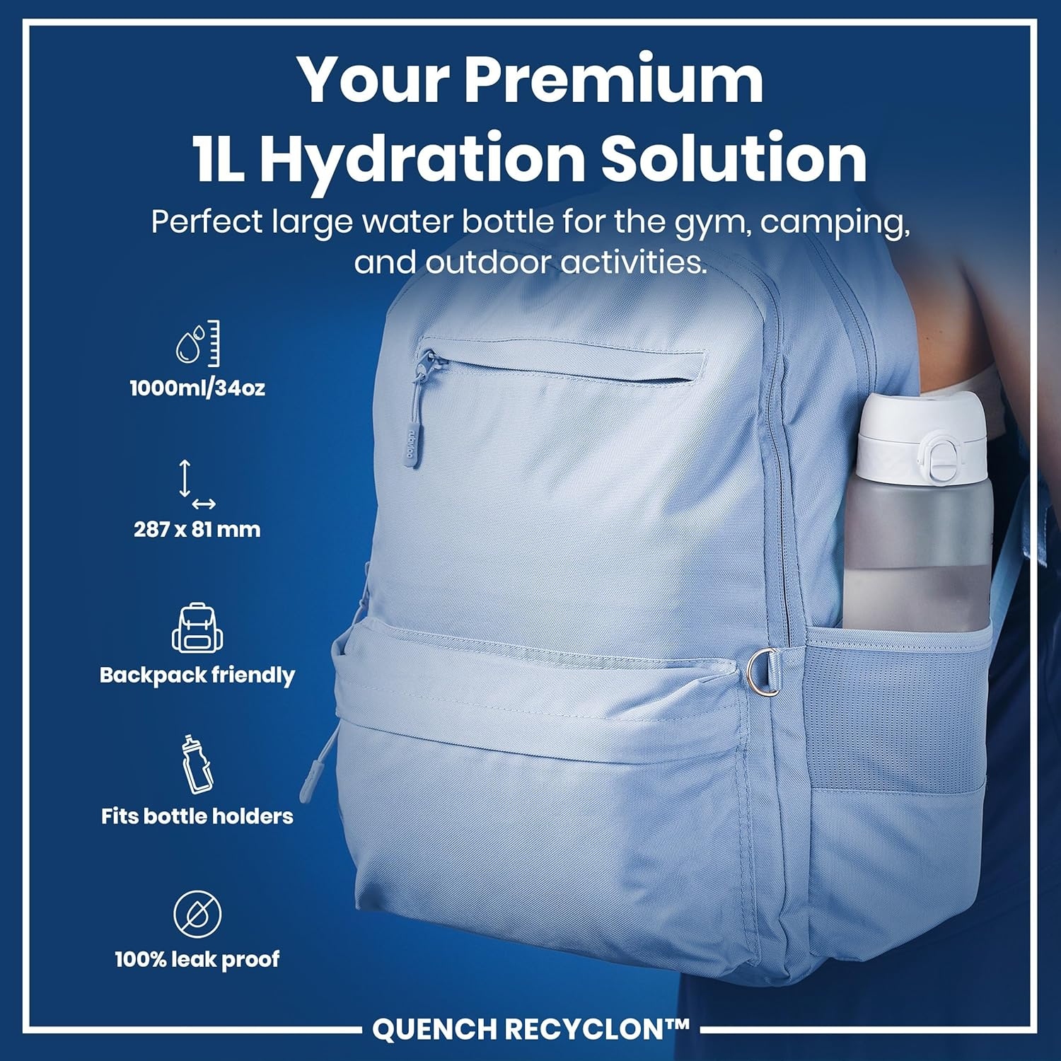 Ion8 Recyclon Water Bottle, Ice Motivator, 1 Litre Capacity - Motivator Sonic Blue image number 4