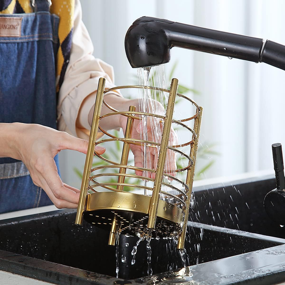 Gold Kitchen Utensil Holder for Kitchen Counter, Stainless Steel Utensil Crocks, Gold Titanium Coating Utensil Storage Caddy Organizer, Cooking Utensil Holder, Easy Cleaning (Gold/7.4''X5.2'') - 2. Black image number 4