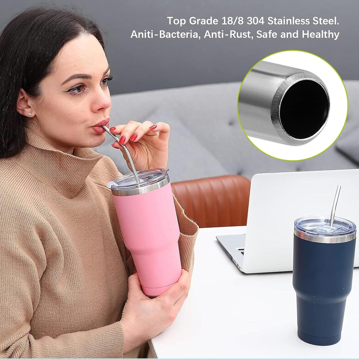 14 Pcs Stainless Steel Straws, Long Metal Straws, Reusable Metal Straw Set with Straight Bent Wide Straws, Straw Brushes and Straw Pouch for Smoothie Milkshake Cocktail Drinks (Silver) image number 4