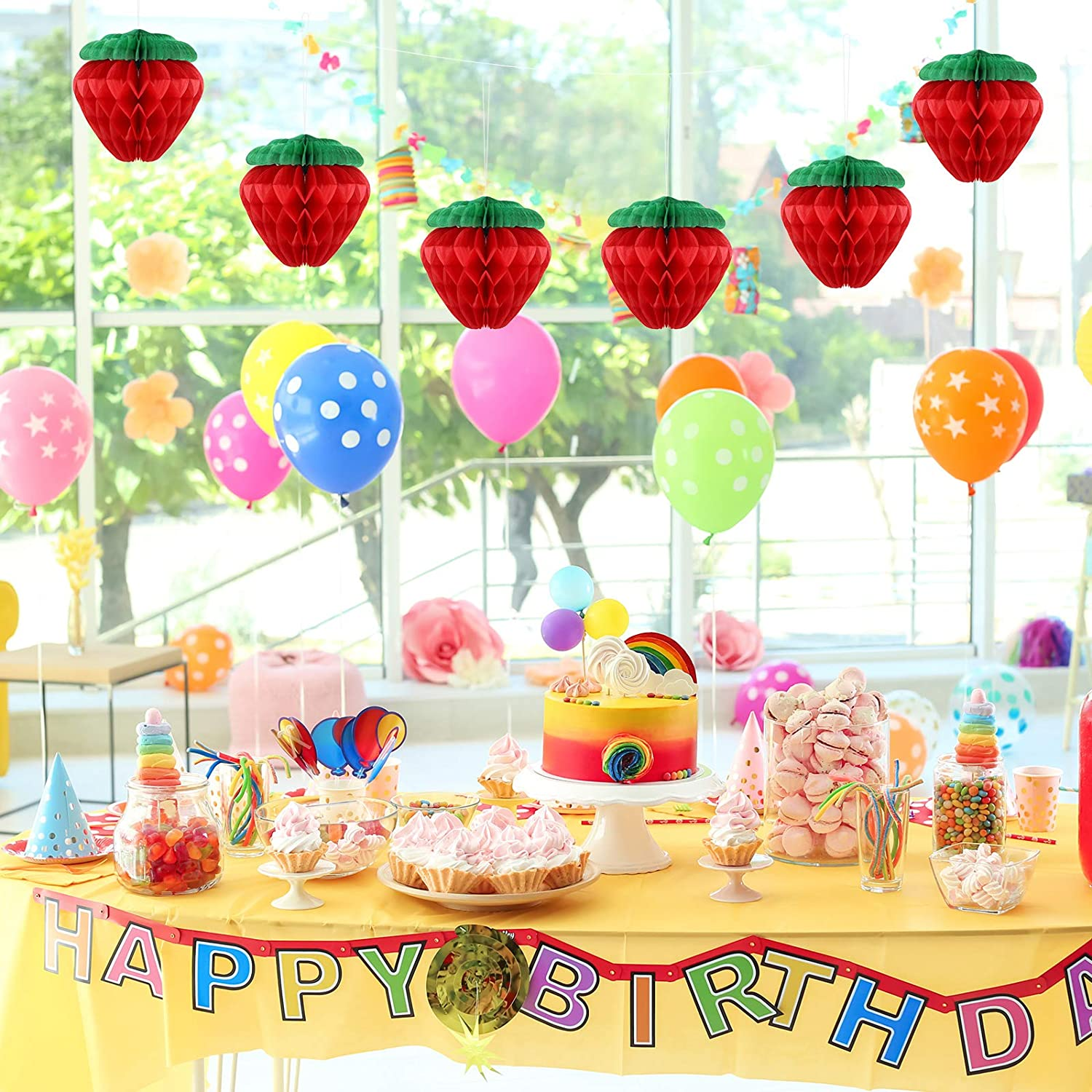 Skylety 10 Pieces 6 Inch Paper Strawberry Honeycomb Ball Tissue Paper Strawberry Ball for Birthday Party Decoration(Red)