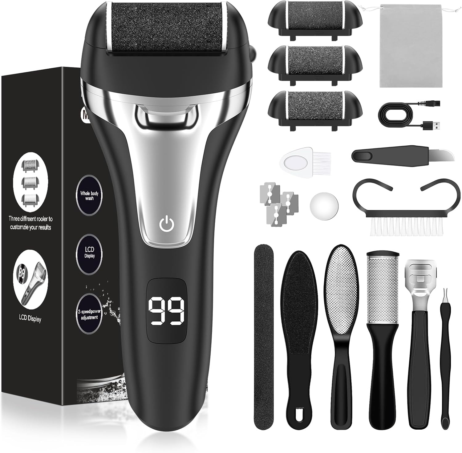 Electric Callus Remover, Foot Care Set with 9 Replacement Rollers, 2 Gears, Callus Remover, Pedicure, Callus File, Callus Remover for Foot Care (Black-9)