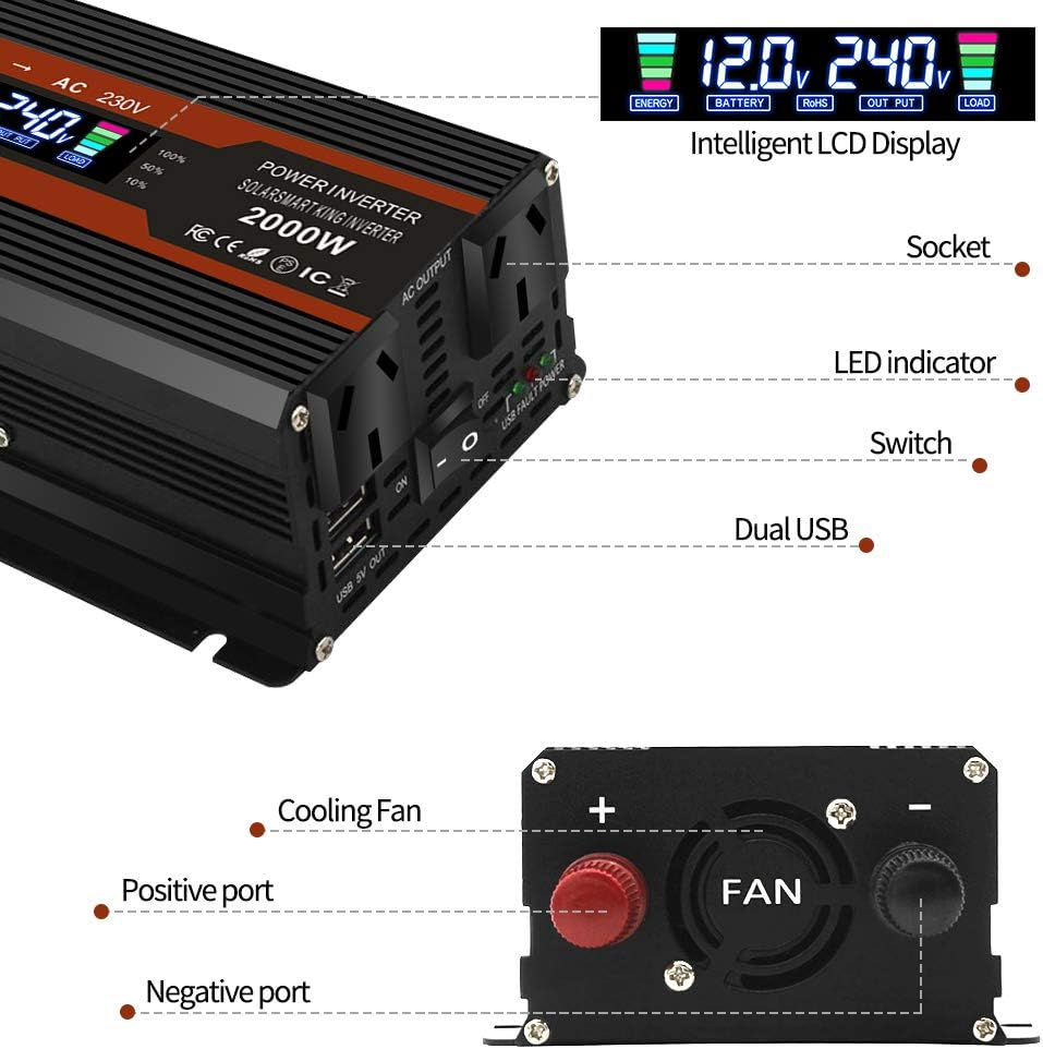 Yinleader 1000W /2000W(Peak) Car Power Inverter DC 12V to 240V AC Converter with Intelligent LCD Display Dual AC Outlets Dual USB for RV Caravan Truck Laptop(Black) image number 5