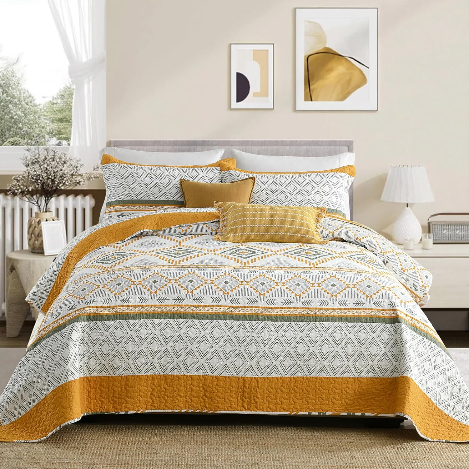 100% Cotton Quilted Bedspread Coverlet Set Queen Size, Lightweight Quilt with 2 Pillow Shams, Geometric Bedding Set Bed Blanket, Orange