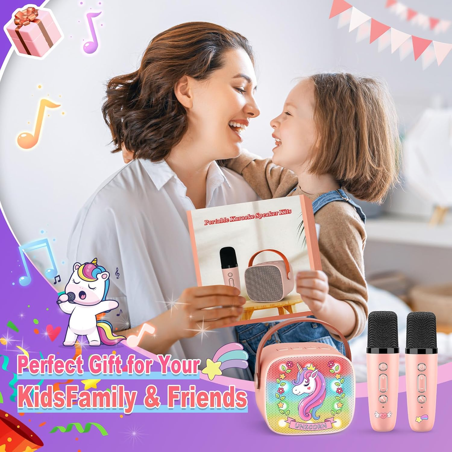 Mini Karaoke Machine for Girls Gifts, Vingtank for 3 4 5 6 7 8 9 Year Old Girl Christmas Birthday Gifts Unicorn Toys Portable Bluetooth Speaker with 2 Wireless Microphone for 3+ Years Girls Teens image number 6