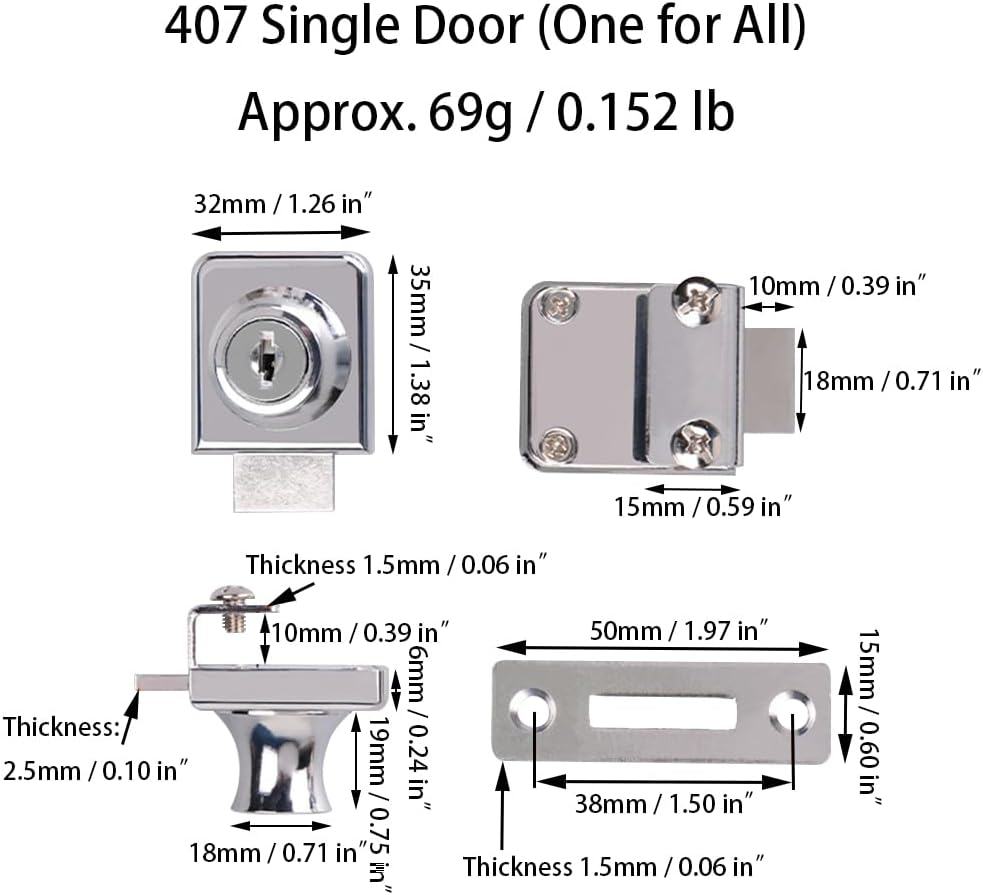 Glass Cabinet Door Locks, 2 Pcs Single Open Zinc Alloy Security Showcase Display Cabinet Door Locks with Keys for 5-8Mm Glass Door (One for All) image number 2