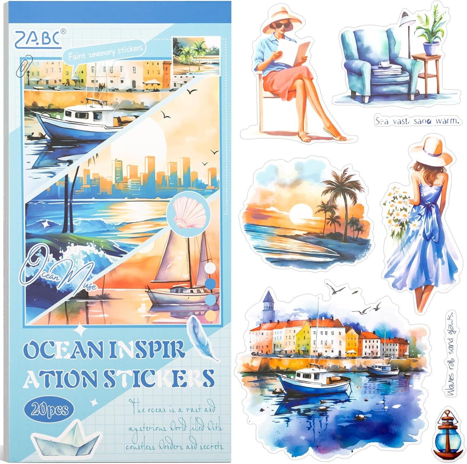 Uideyvi Blue Ocean Series Sticker Scrapbooking Supplies for Junk Journal, 20 Sheets PET Stickers - Vintage Journaling Stickers, Ephemera Sticker Book Pre Cut(Tz-007-001) image number 5