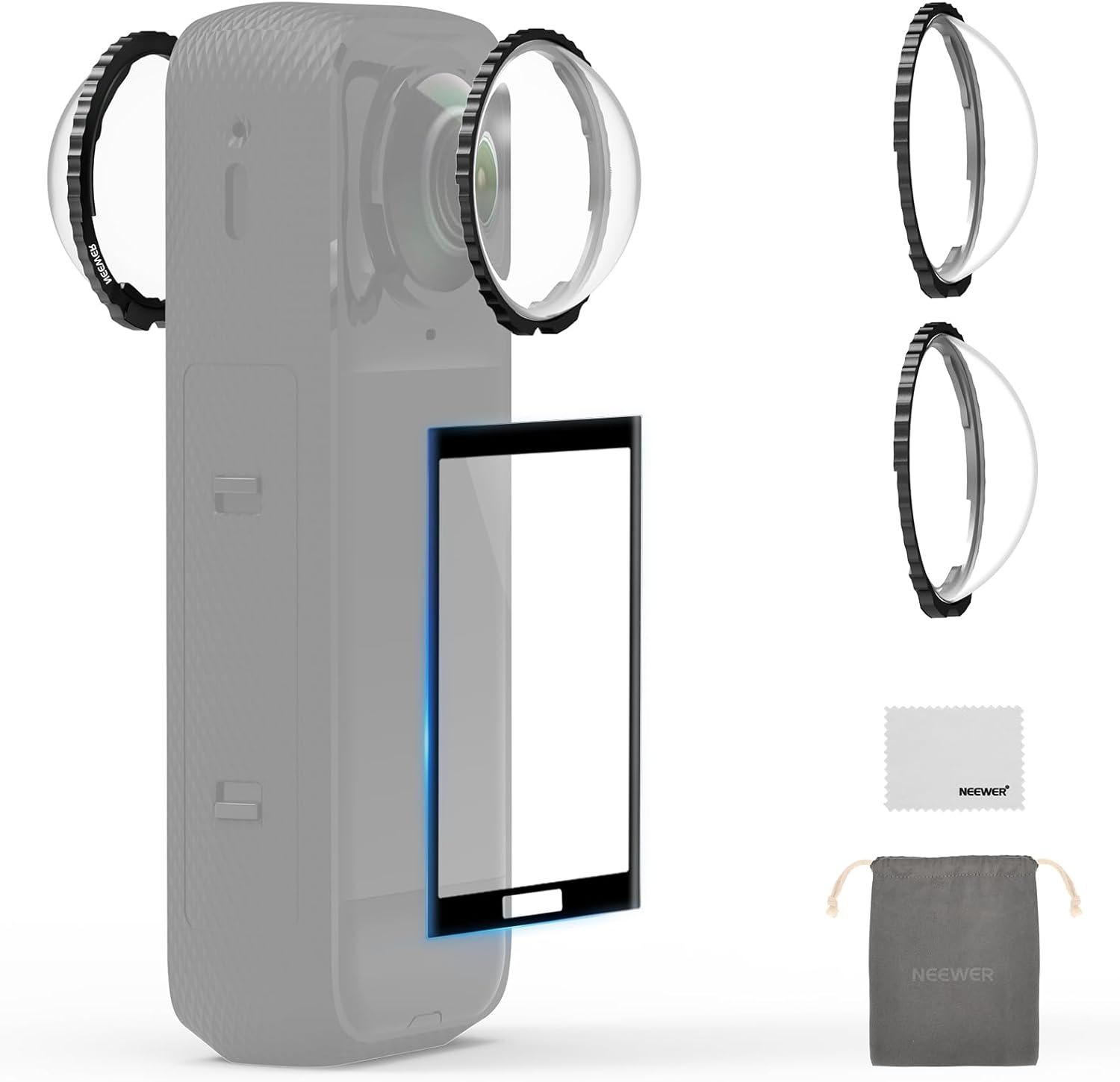 NEEWER Lens Protector Set Compatible with Insta360 X5 Action Camera (2 Pack), 9H Tempered Glass Lens Guards Accessories with Screen Protector, Cleaning Cloth & Case, Remove before Shooting, LPC03 image number 4