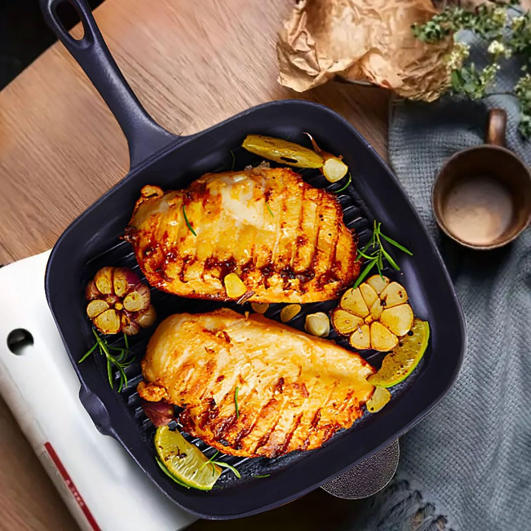 SOGA 9.25" Square Ribbed Cast Iron Frying Pan Skillet Coating Steak Sizzle Platter- Durable, Long-Lasting Kitchen Cookware. Ideal for Frying, Boiling, Pre-Seasoning, and More image number 6