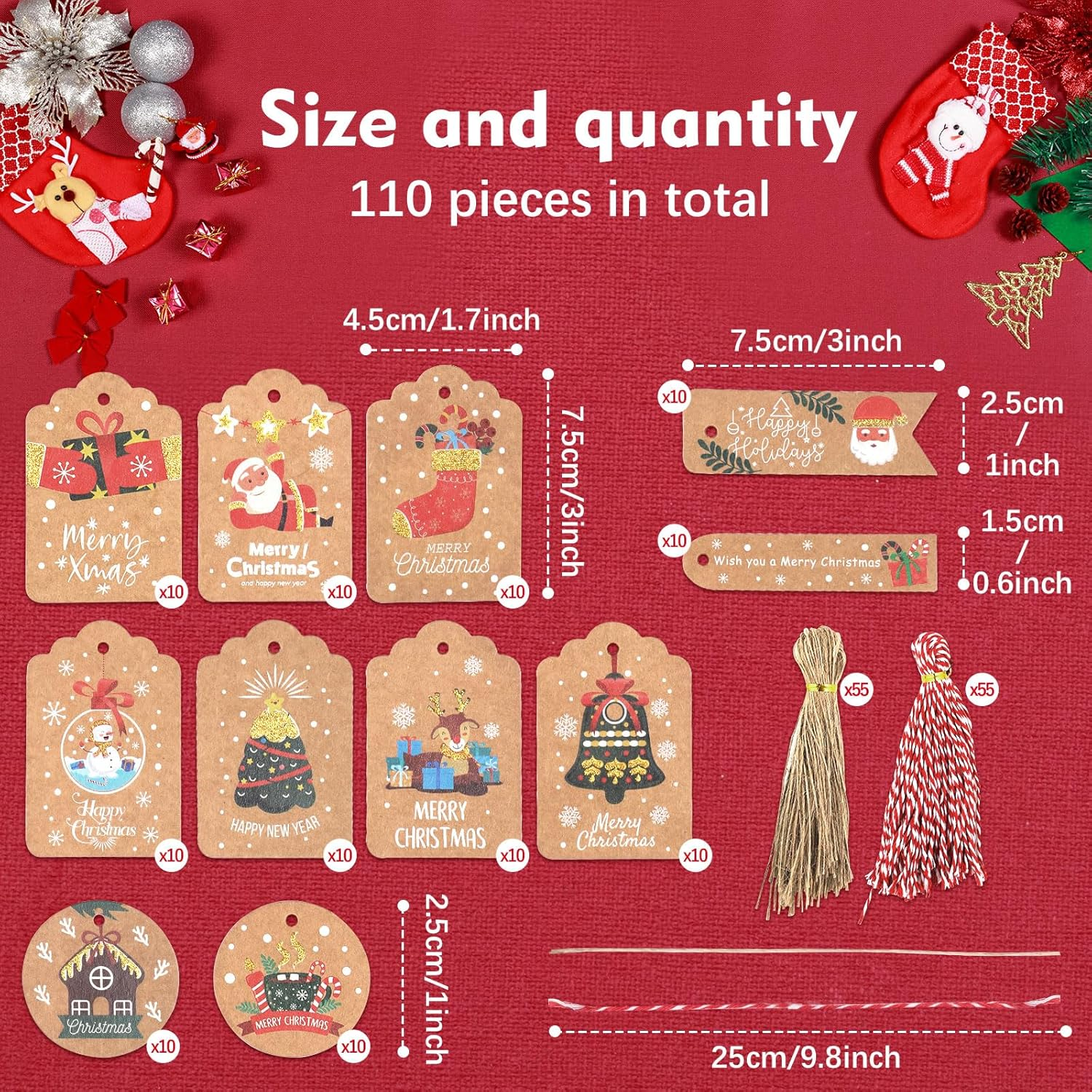 Hianjoo 110 Pcs Christmas Kraft Paper Gift Tags with Jute Twine, Xmas Gift Tags Parcel Tags Tree Present Hang Labels for DIY Homemade Holiday Present Wrap Stamp Label Package Name Tag, Golden - Silver image number 6