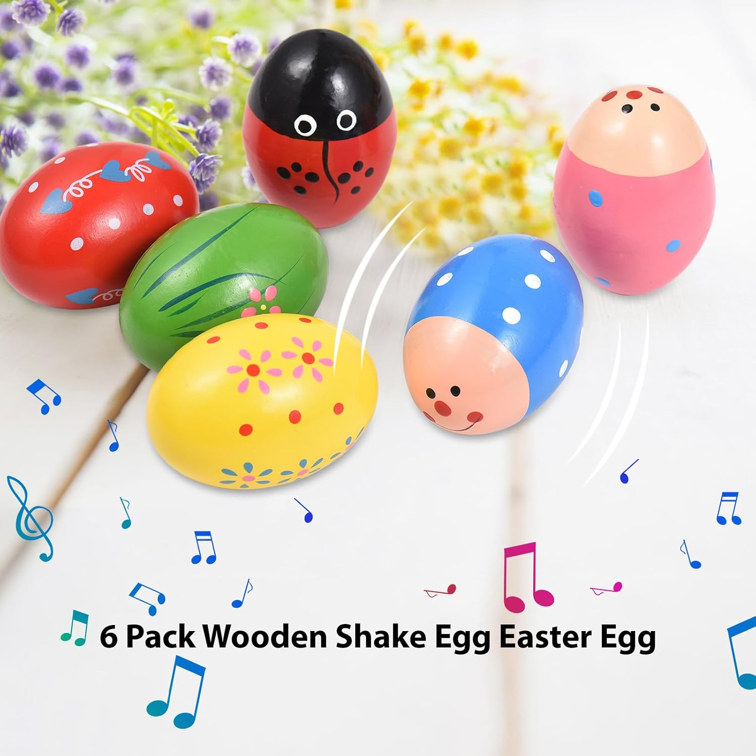 Namolit 6 Pack Wooden Shake Egg Easter Egg Percussion Instrument Interesting Music Shake Eggs for Party Musical Egg Easter Basket Stuffers Fillers Musical Instrument 6 Pack image number 3