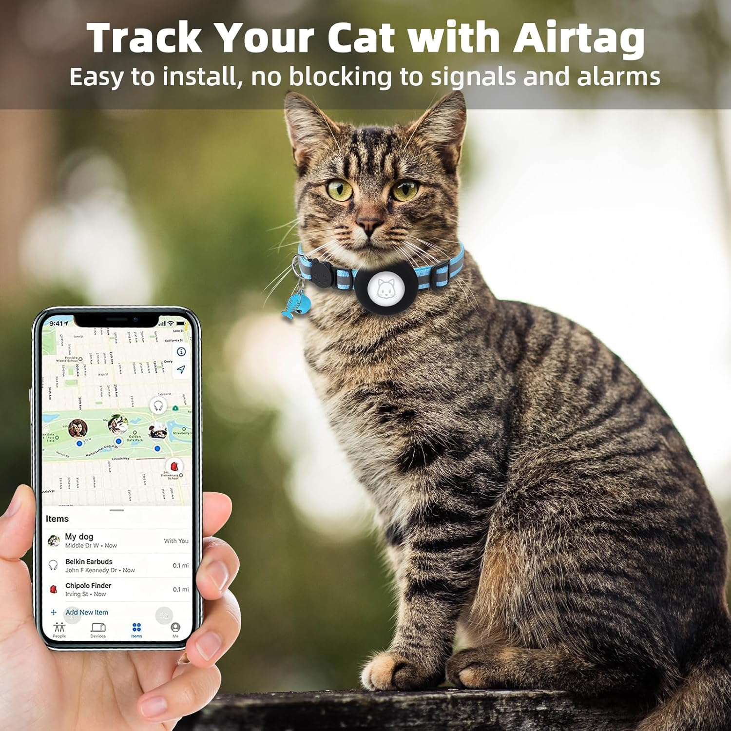 Simplethings Airtag Cat Collar, Air Tag Collar with Bell and Safety Buckle in 3/8'' Width, Reflective Waterproof Holder Compatible Apple for Dog Kitten Puppy (Black+Blue) - Black+Blue image number 5