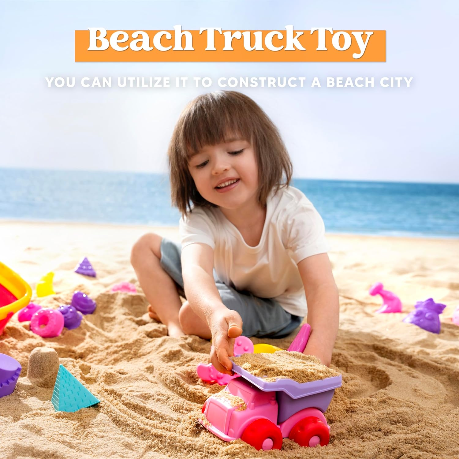 Sloosh Beach Sand Toys Set - Pink Dump Truck Car Toy with Sand Molds, Collapsible Buckets Mesh Bag Shovels Castle Ice Cream Mold for Ages Kids Toddlers Sandbox Toys Gifts Travel Vacation (Foods) image number 1