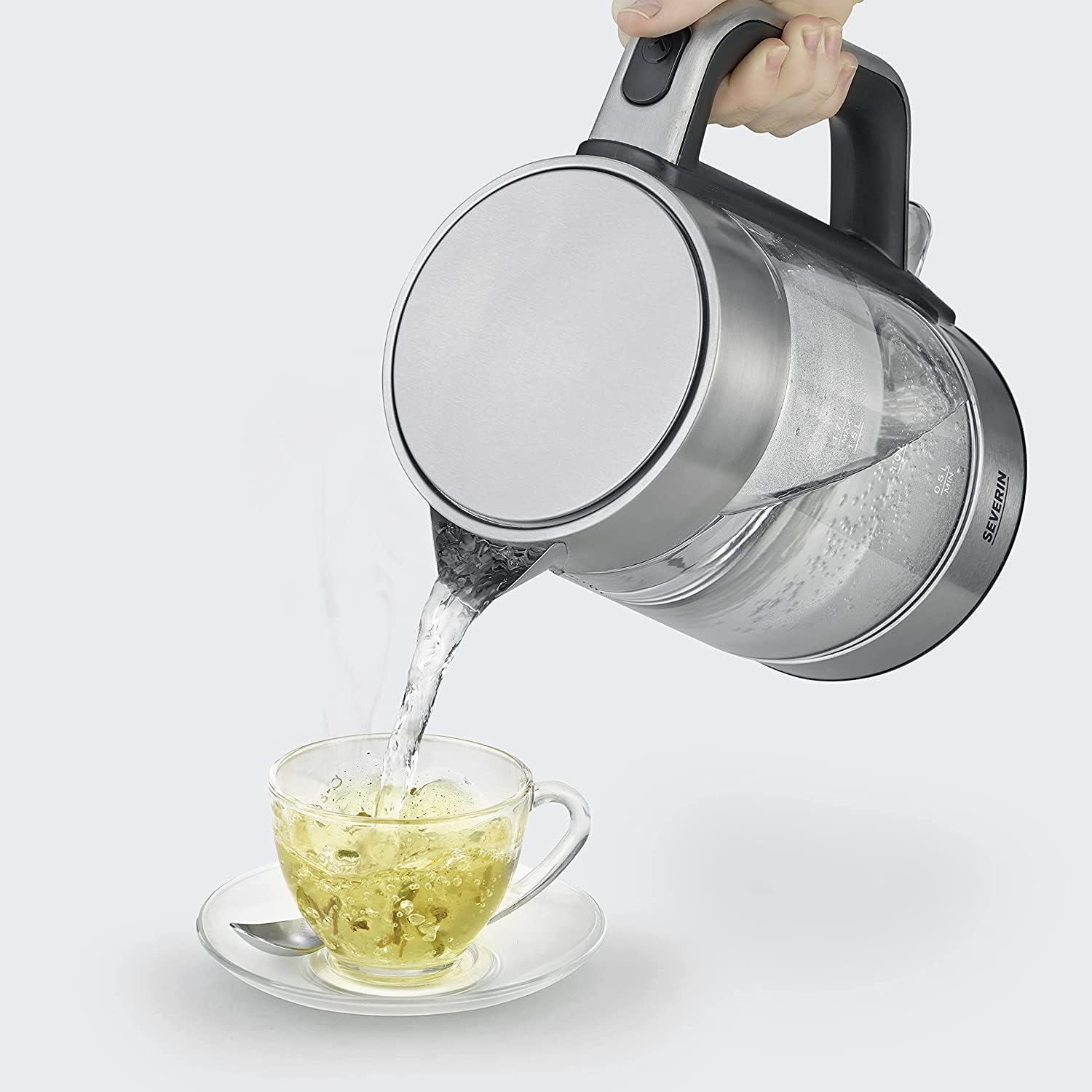 SEVERIN Glass Kettle with 1.7 L XXL Capacity, Powerful and Compact Kettle in High-Quality Design, Electric Kettle with Limescale Filter, 2200 Watt, Glass/Stainless Steel, WK 3420