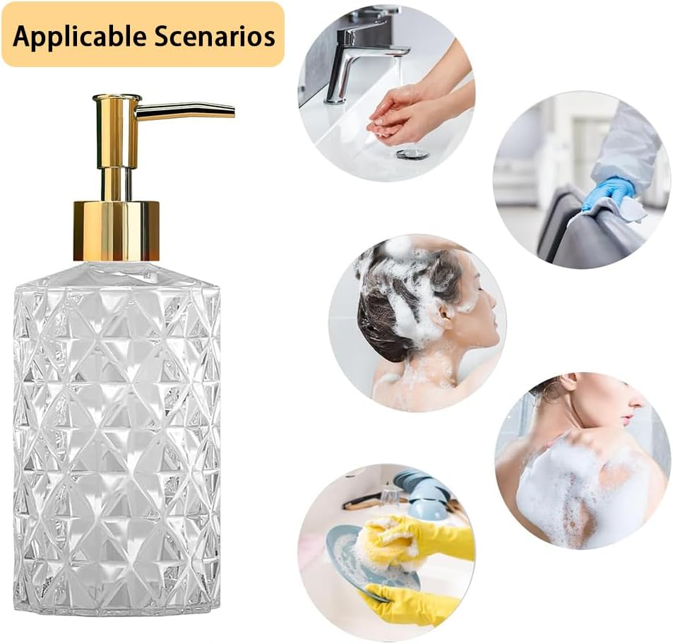 2 Pack 12Oz Diamond Hand Soap Dispenser, Clear Glass Soap Dispenser with Gold Pump, Refillable Lotion Dispenser & Dish Soap Dispenser, Bathroom Soap Dispenser for Liquid, Shower Gel image number 4