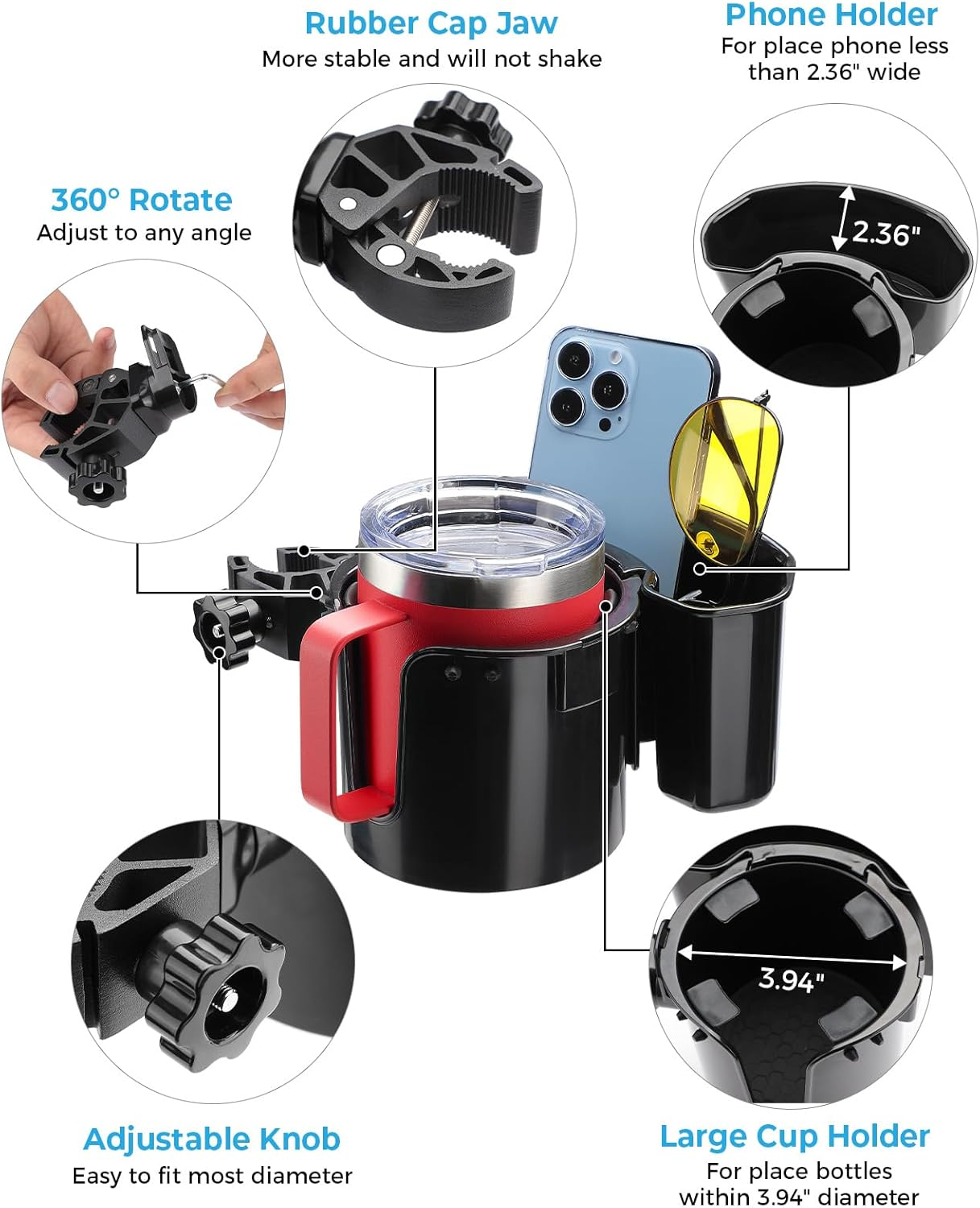 JOYTUTUS Wheelchair Cup Holder, 2-In-1 Walker Cup Holder with Storage Box, Cup Drink Holder for Bottle with Handle, Fit for Wheelchair, Walker, Rollator, Stroller, Camper, Golf Cart image number 1