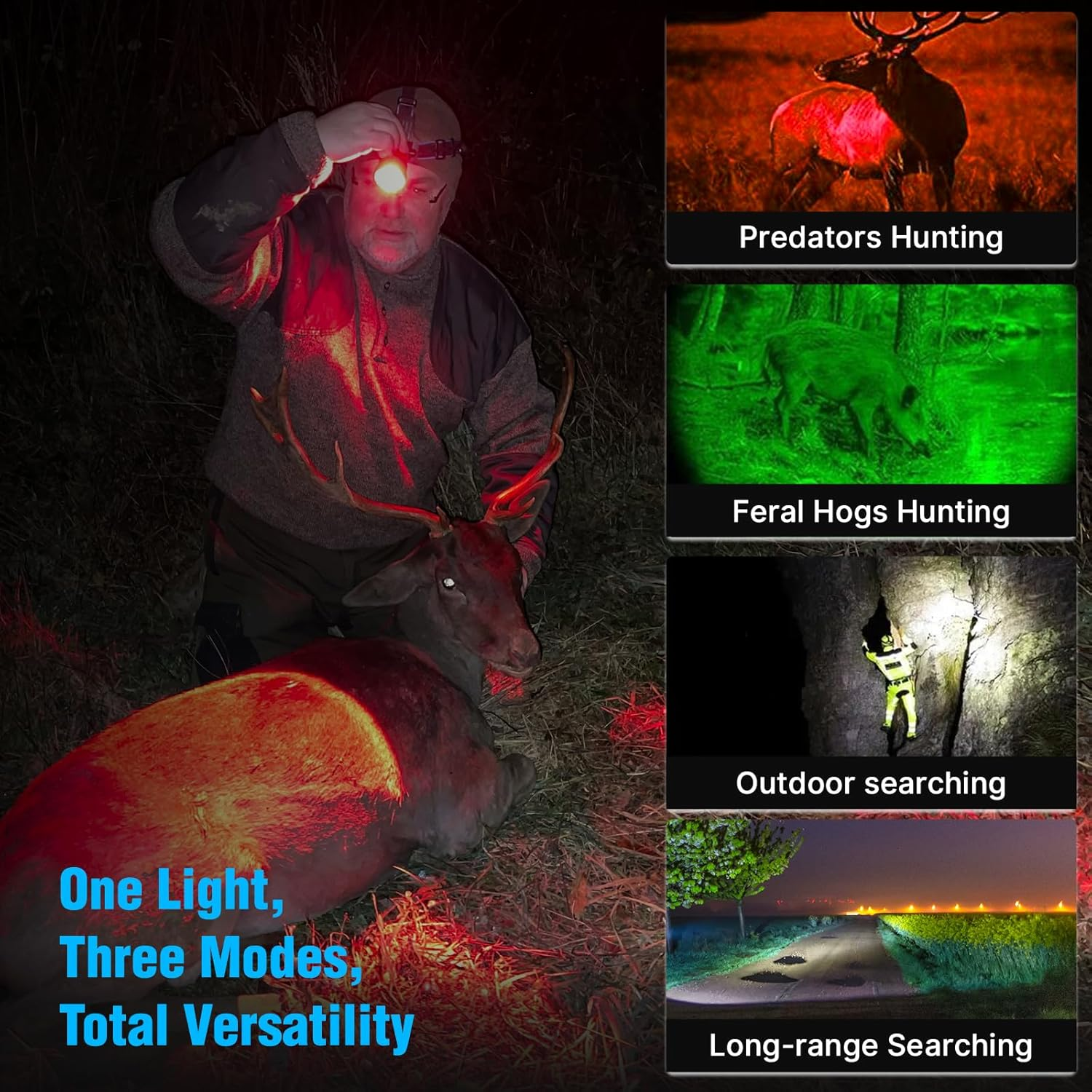 Brinyte HL28 LED Hunting Headlamp, Zoomable 3 Modes Red Green White LED Hunting Headlight, Rechargeable IPX6 Waterproof Predator Flashlight for Hogs Coyote Varmint Fishing image number 1