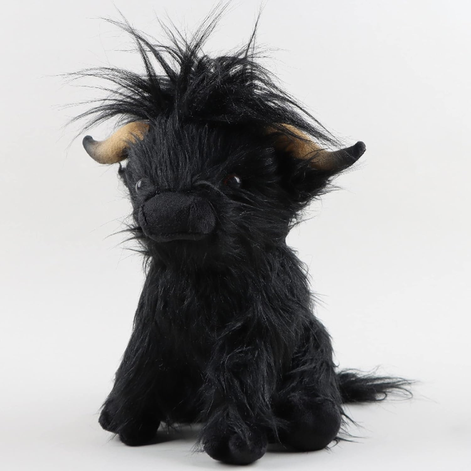 9.8Inch Highland Cow Stuffed Animal Realistic Cow Plush Toy Cuddly Simulation Highland Cattle Plushie Doll Farm Home Decor for Adults Kids(Black)