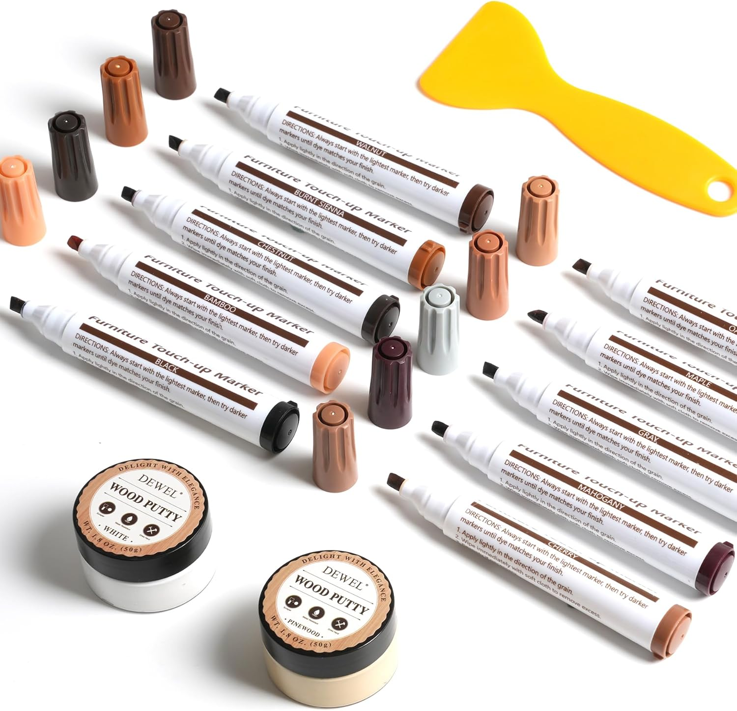 DEWEL 10 Colors Furniture Markers Touch up & 2 Colors Wood Putty, Wood Scratch Repair Kit for Filling Scratches, Cracks, Holes, Dents, Scuffs - a Simple and Convenient Wooden Repair Solution image number 4