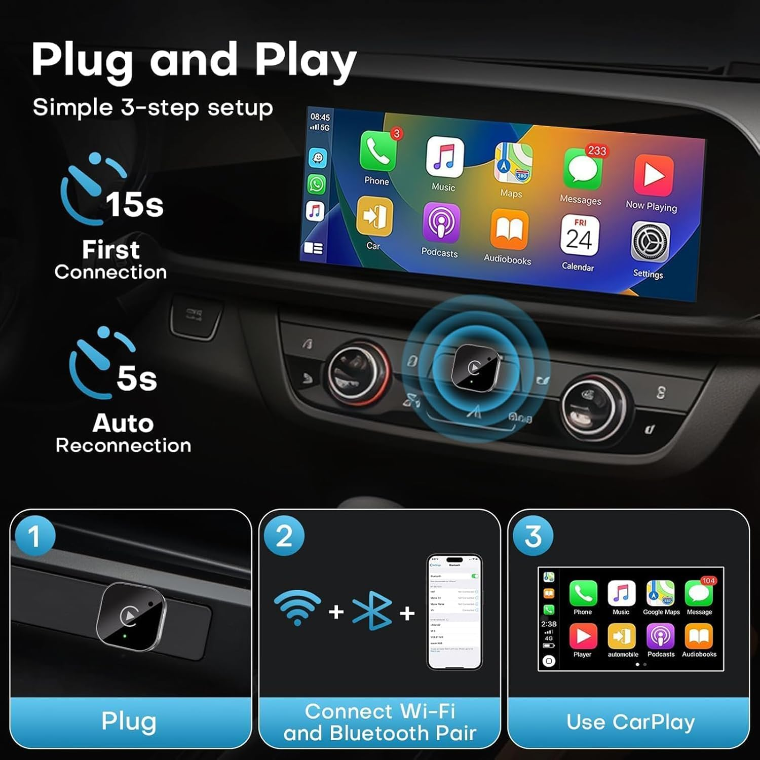 YUENTOEN Wireless Carplay Adapter, Wired Carplay to Wireless, Mini USB Design for Cars with Built-In Wired Carplay Plug and Play, Stable Connection, Easy Use Car Play for Iphone image number 2