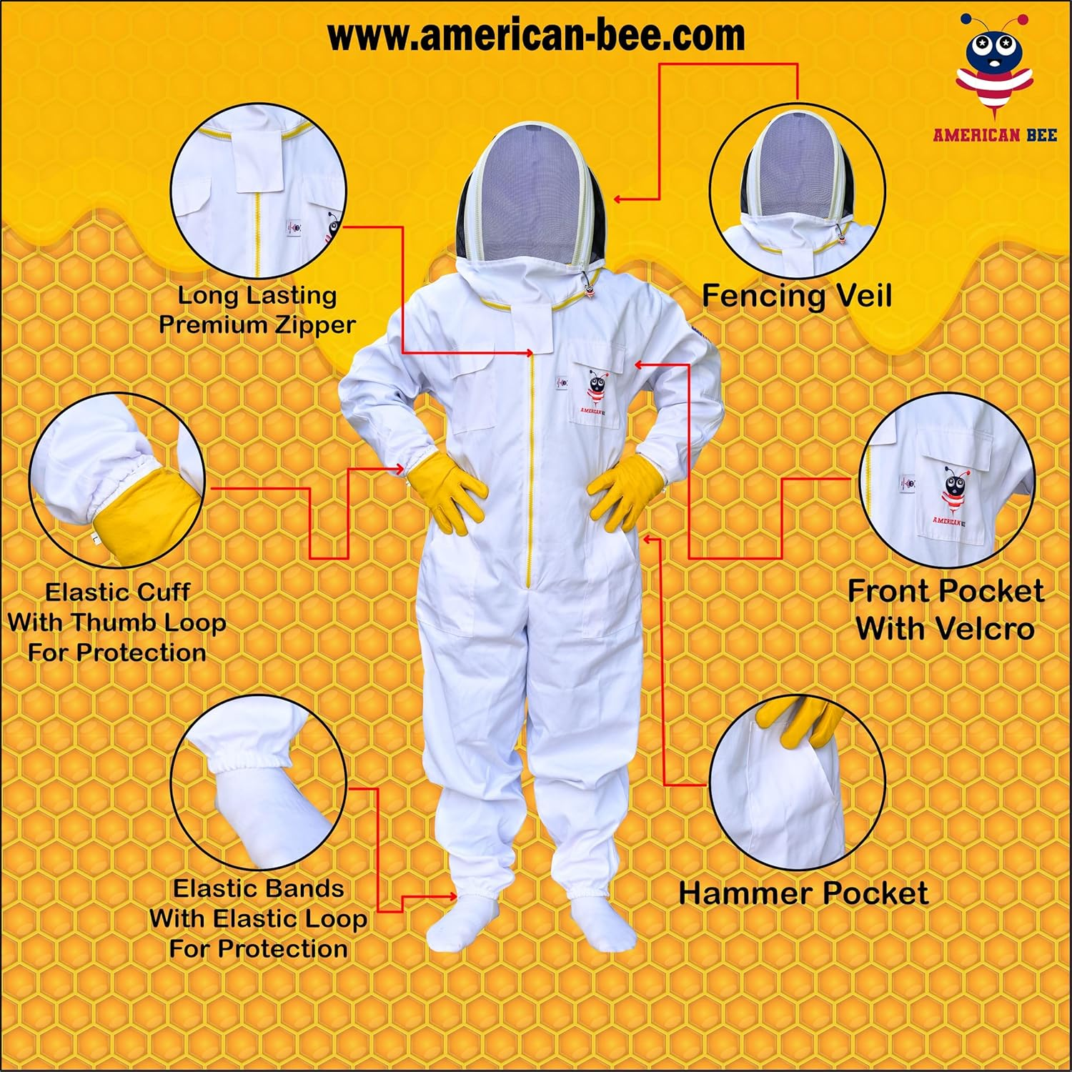 Cotton Beekeeping Suit with Fancing Veil Sting Proof with Two Pair of Gloves, American Bee White Cotton Beekeeping Suit image number 3