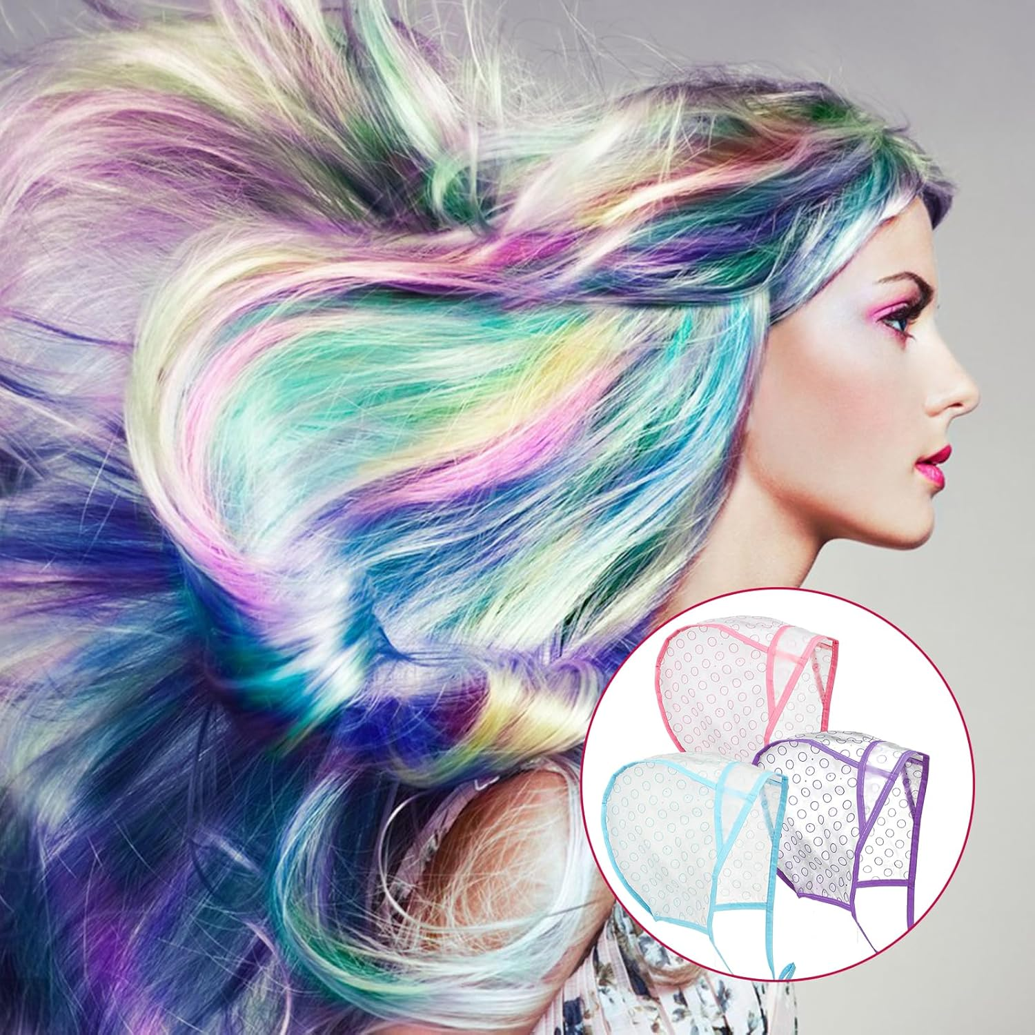 Bewudy Pack of 3 Highlight Caps, Adjustable Colouring Highlighting Cap with Plastic Hooks for Women Girls, Highlight Hair Cap Highlight Cap with Holes for Salon Home Use Hair Dye Centre, Pink, Purple, image number 2