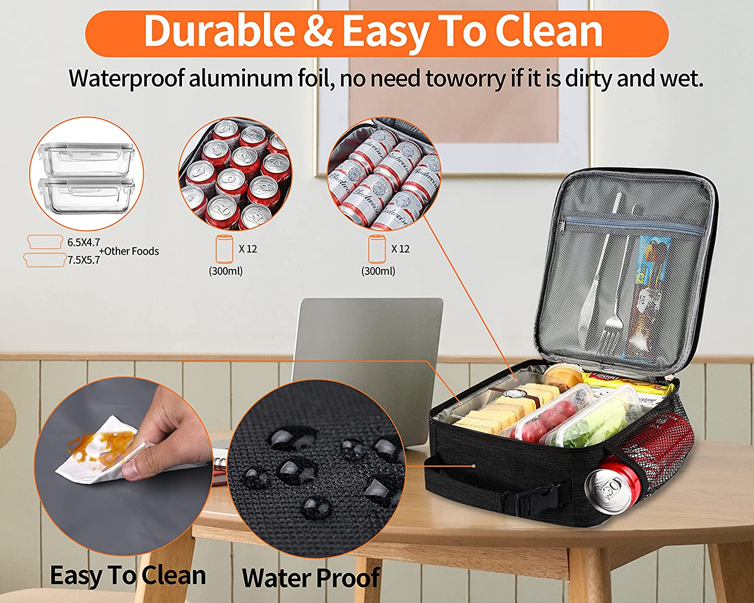 Insulated Lunch Bag - Reusable Lunch Box - Insulated Lunch Container Cooler Bag for Women&Men&Kid Office Work School Picnic Hiking (Black) - Beige image number 7