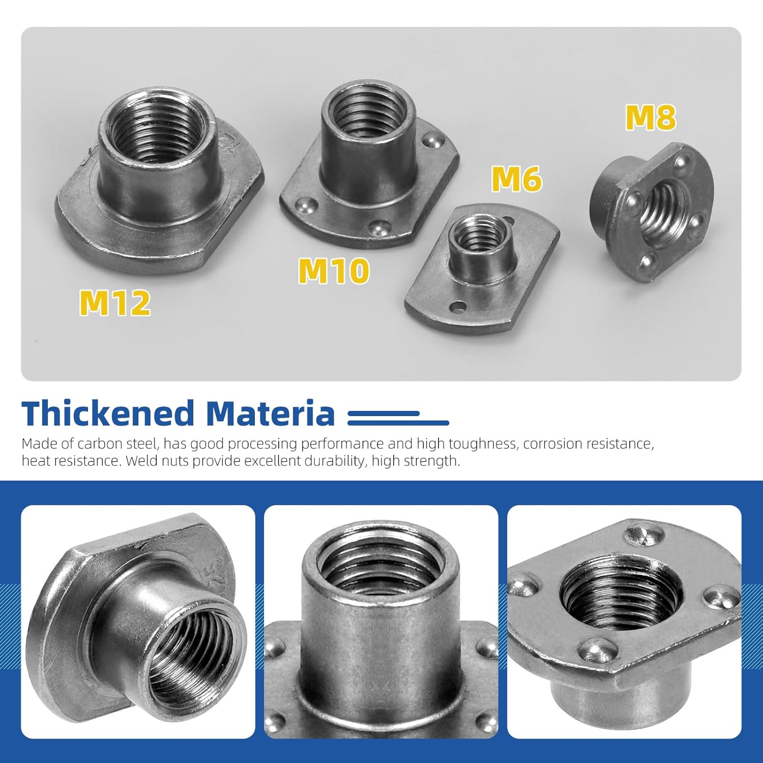 Glarks 32Pcs Weld Nuts Set, M6 M8 M10 M12 Tab Base UNC Carbon Steel Machine Screw T-Nuts 2 Projection 4 Projection for Furniture Vehicles Caster Industry Machine image number 2