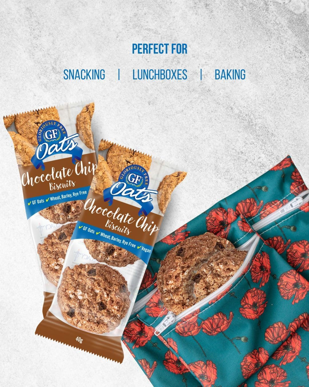 GF Oats Choc-Chip Biscuits | Nil Gluten Contamination | 25 X 40G Pack | Wheat Free, Rye Free, Barley Free, GMO Free, Vegan Biscuits for Gluten Free Diet. Free from Refined-Sugar, Dairy, Egg & Soy