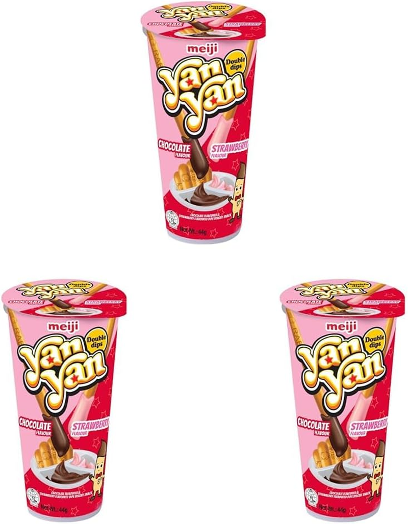 Meiji Yan Yan Double Cream Chocolate & Strawberry Biscuit Stick 44 G (Pack of 3)