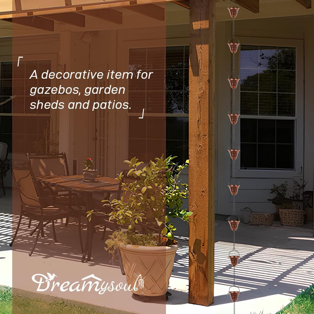 Dreamysoul Copper Rain Chains for Outside, 10.43FT with 12 Cups Rain Catcher Chains for Downspout Gutters, Eaves Drainage image number 3