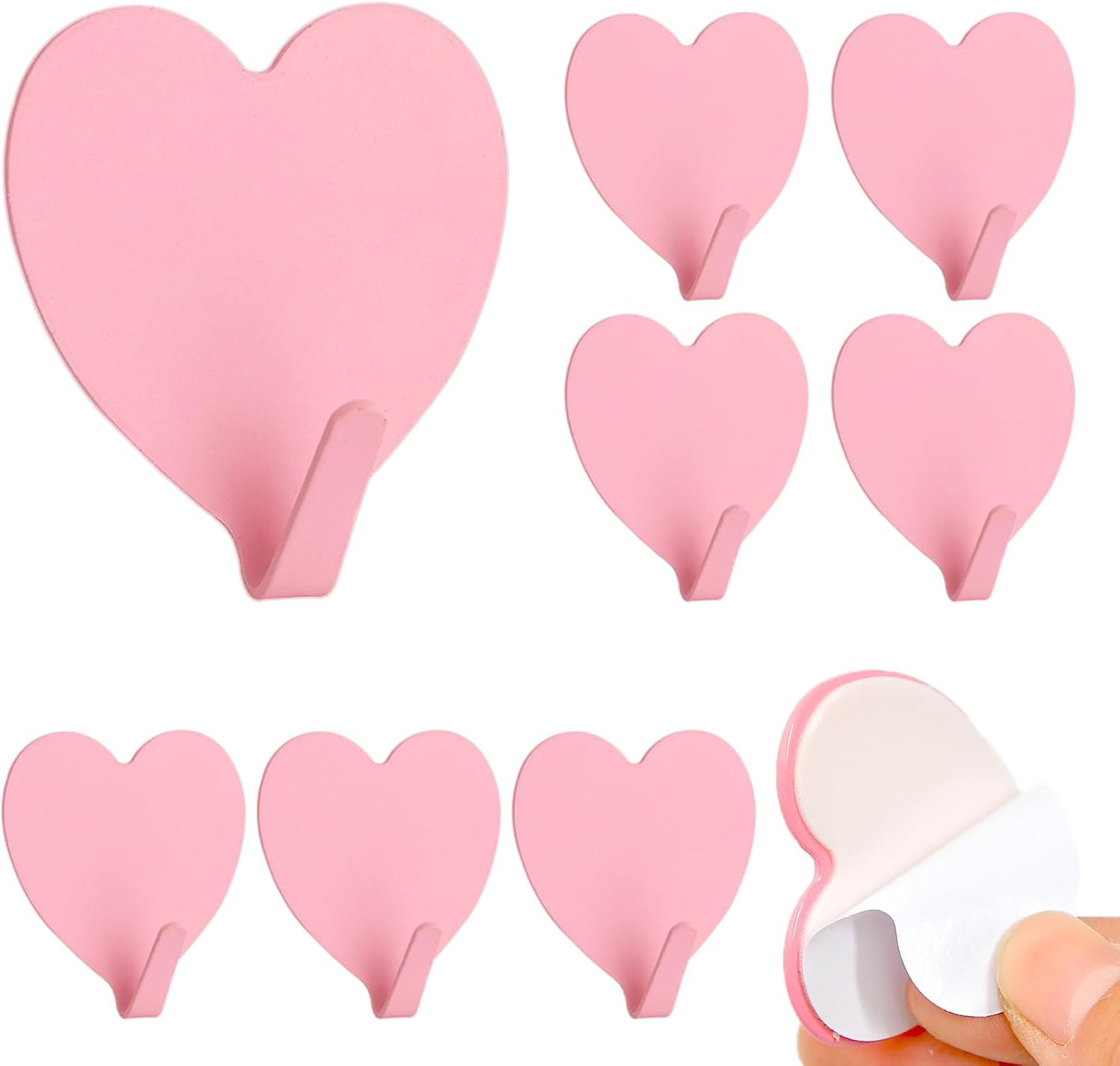 Heart Wall Hooks, 8 Pack, Cute Pink Decorative Accessories, Purse Hanger for Girls Room, Stainless Steel, Sturdy Adhesive for Hanging Keys, Bags, Towels, Clothes