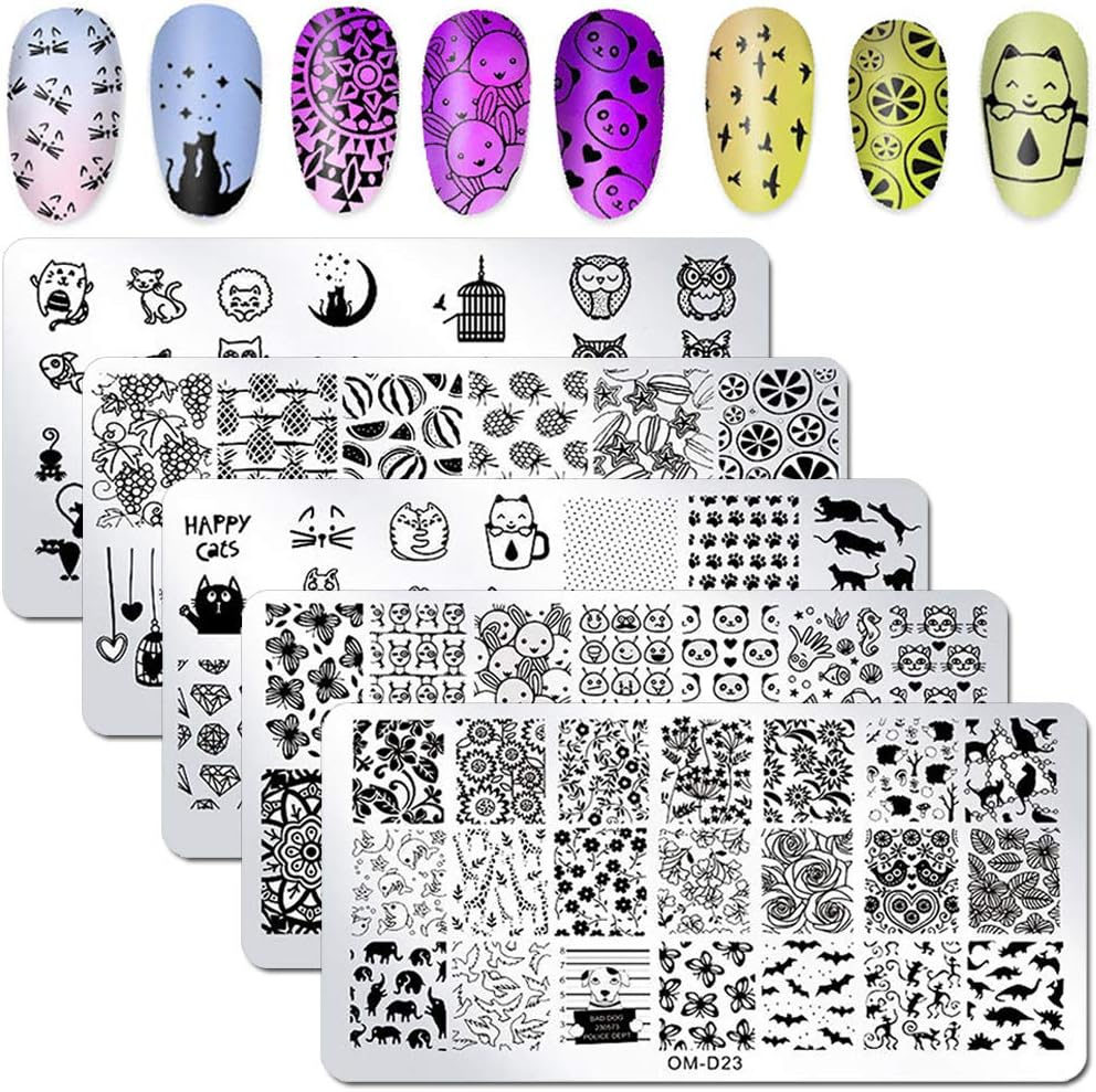 WOKOTO 5Pcs Nail Art Plates Stamping Set Fruit Animal Cat Panda Mandala Image Design Plates Stamping Nail Art Kit image number 2