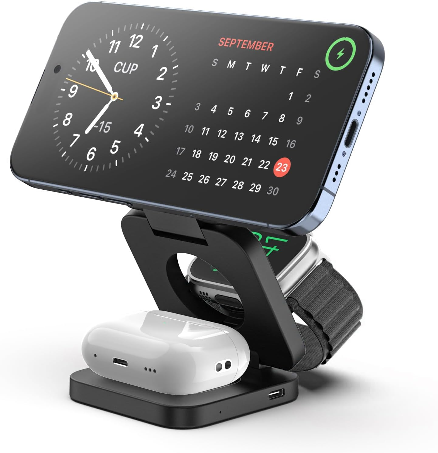 KU XIU X55 Foldable Wireless Charger, 3 in 1 Magnetic Charging Station for Iphone 17/16/15/14/13/12 Series and Iphone Air, 5W Charger for Iwatch 11&ndash;4/Se/Ultra, for Airpods 4/3/2/Pro 3/2/1 &ndash; Black image number 4