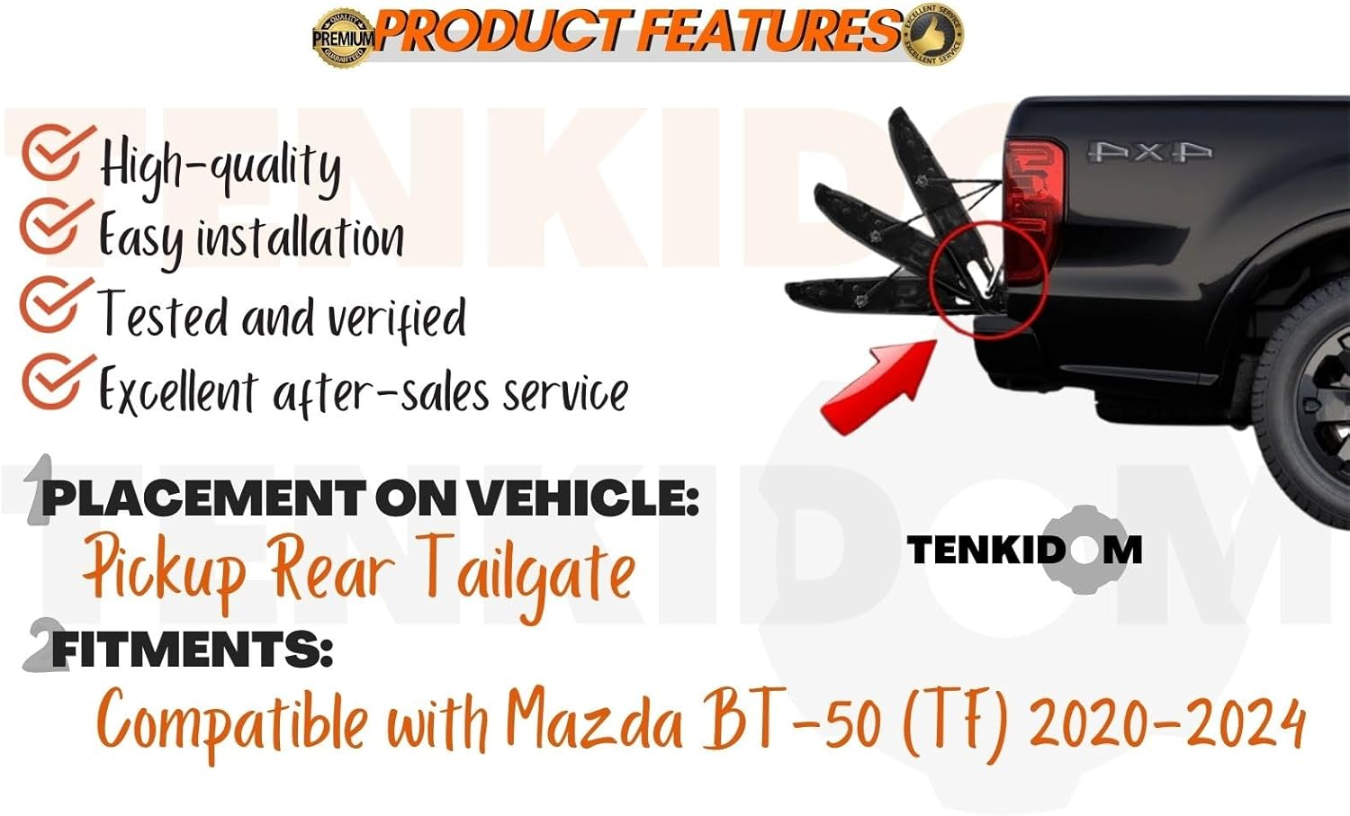 TENKIDOM Pickup Tailgate Assists Compatible with Mazda BT-50 TF 2020-2024 Shock Lift Supports Rear Gas Dampers Springs Kit No-Drill Bolt-On image number 5