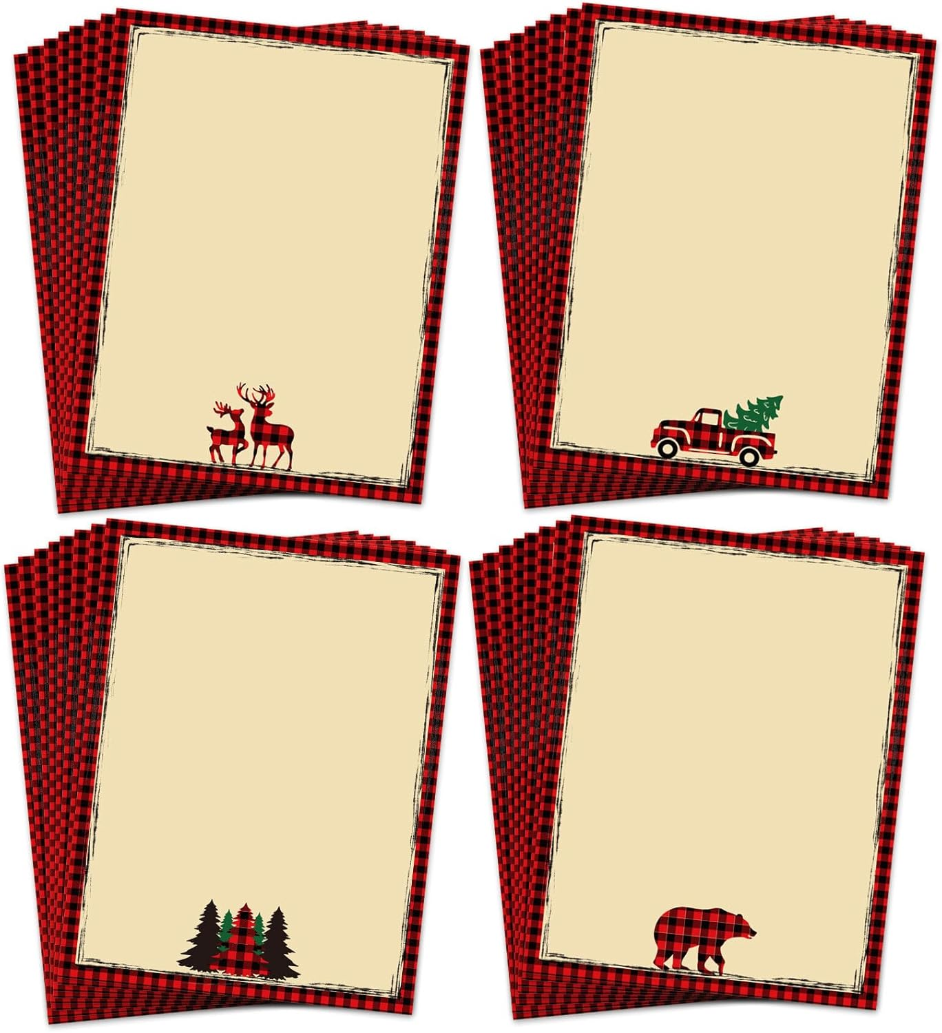 Whaline 60Pcs Christmas Stationery Paper Xmas 4 Designs Decorative Writing Paper Red Black Buffalo Plaid Border Letterhead for Notes Greeting Cards Invitations Office School Printing, 8.5 X 11 In image number 3