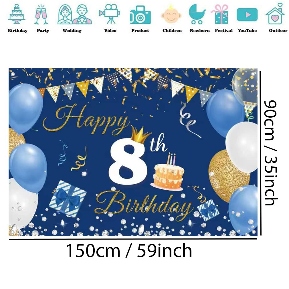 8Th Birthday Decorations for Boy/Girl, 8 Years Old Backdrop Banner Fabric Sign Poster, Happy 8Th Birthday Party Supplies Blue Photography Background Welcome Sign, 150Cm X 90Cm image number 2