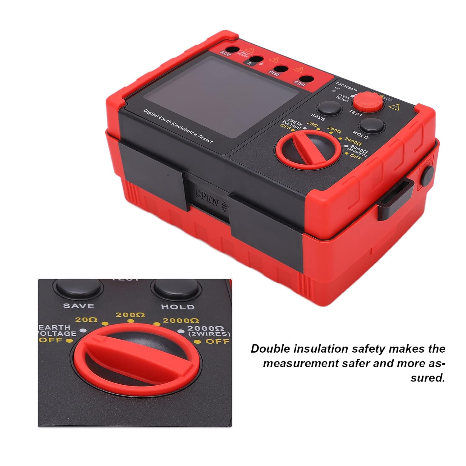 Earth Ground Resistance Tester Meter, 2000&Omega; Digital Ground Earth Resistance Meter with LCD Display & Storage Case, Professional Insulation Resistance Tester Kit for Electrical Equipment