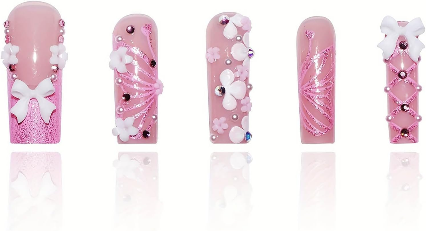 RUOKEXIN Square Long False Nails, Pink French Tip, Glitter, Butterfly Designs, Glue White Flowers, Artificial Cute Stick for Women, 24 Pieces