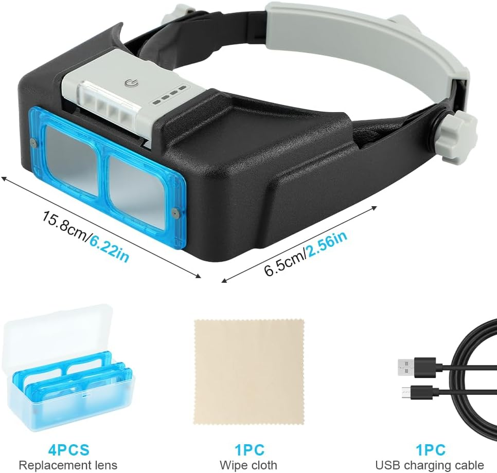 4 Lens Rechargeable Head-Mounted Magnifier with LED Light, Headband Magnifier, Rechareable 1.5X - 3.5X Optical Magnifying Headset for Close Work(Black,Size:6.2 X 2.6Inch) image number 6