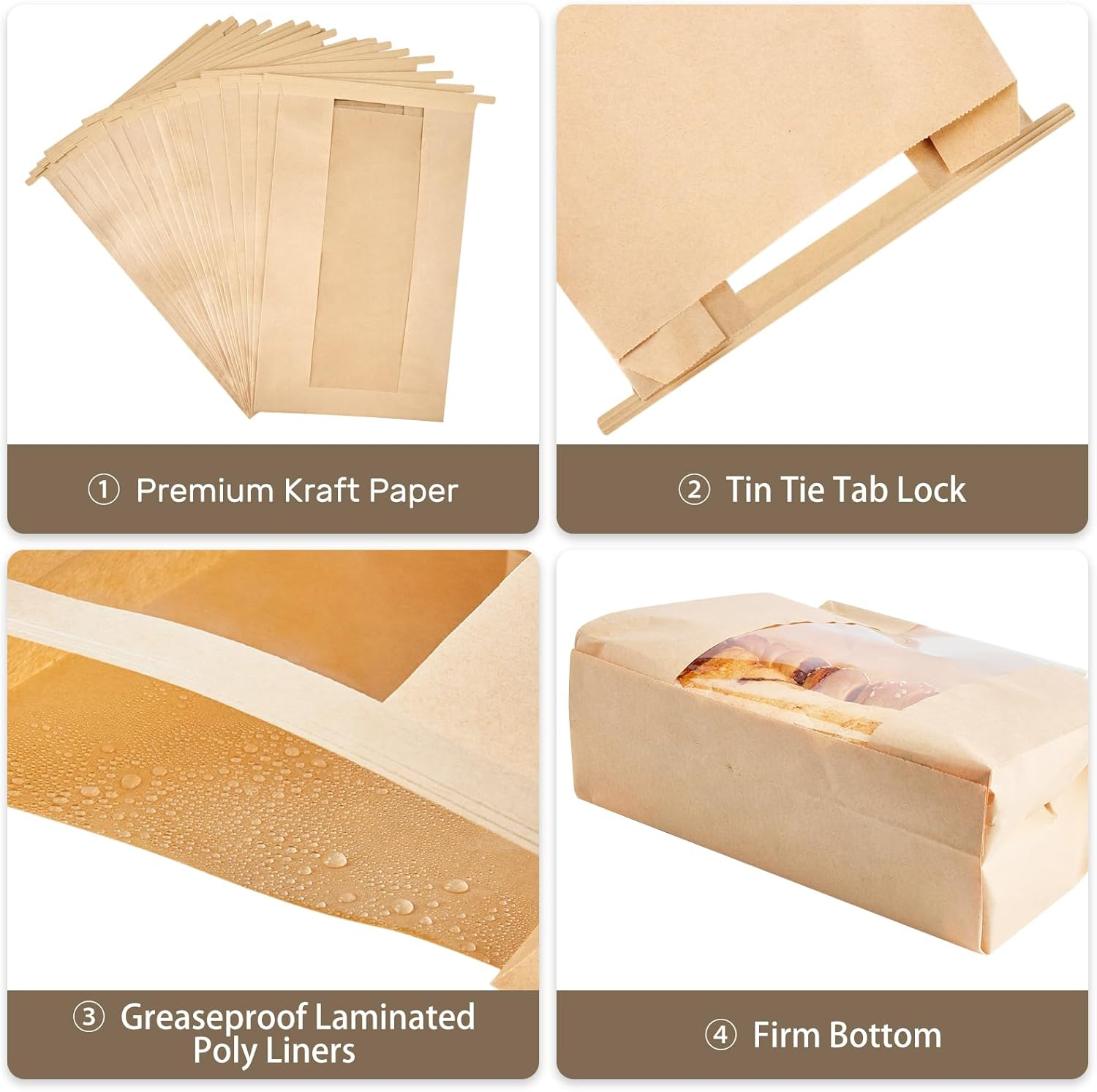 ZORRITA 50 Pack Large Bread Bags for Homemade Sourdough Bread, 8.2 X 3.5 X 13.7 Inches Kraft Paper Bakery Bags with Windows Tin Tie Tab Lock Bread Loaf Bags image number 2