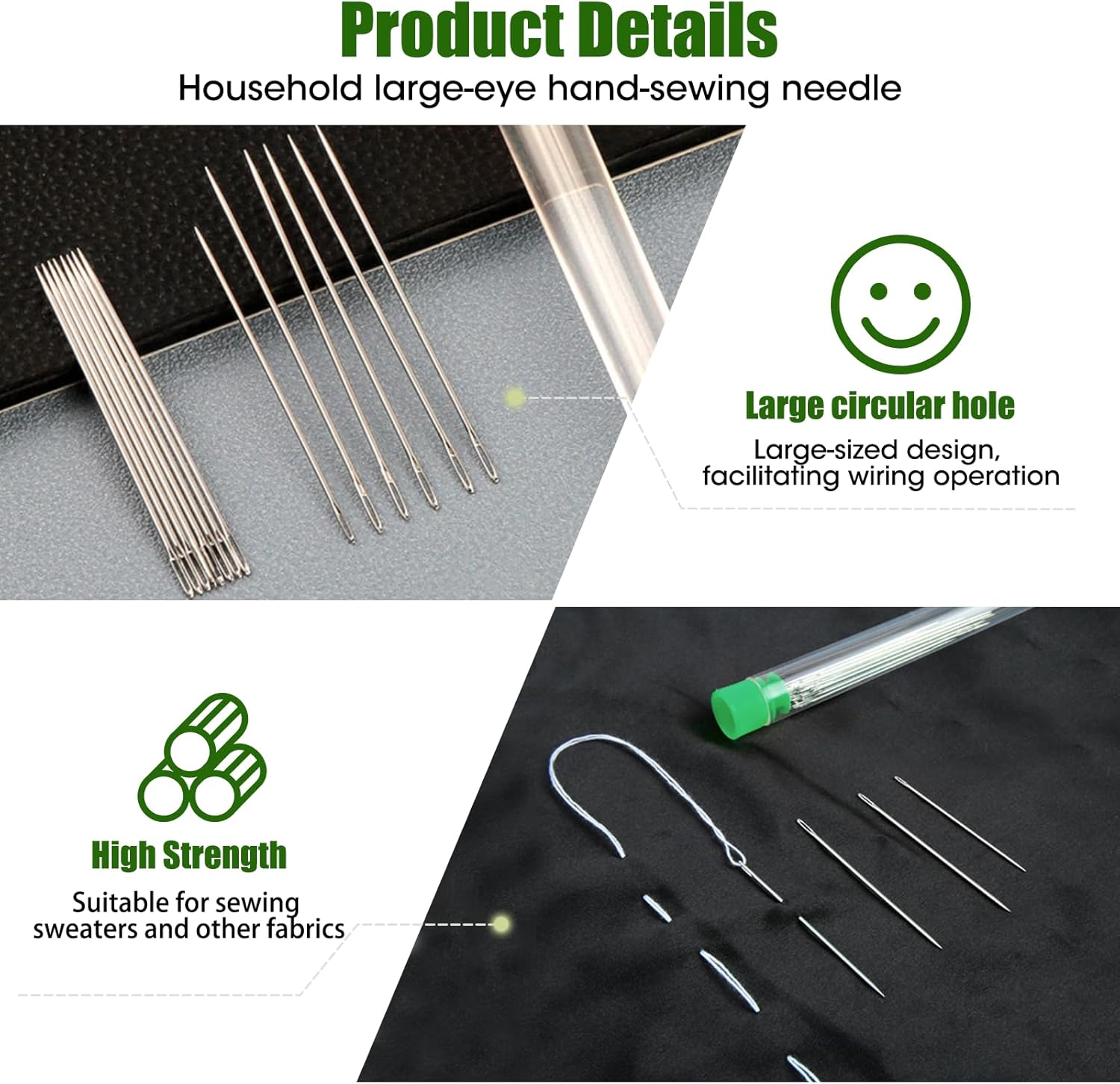 25 Pcs Sewing Needle Set with 4 Threaders - Stainless Steel Large-Eye Hand Needles (5 Sizes,4-6Cm) for Knitting, Embroidery, Mending & Quilting - Includes Clear Plastic Storage Bottle image number 4