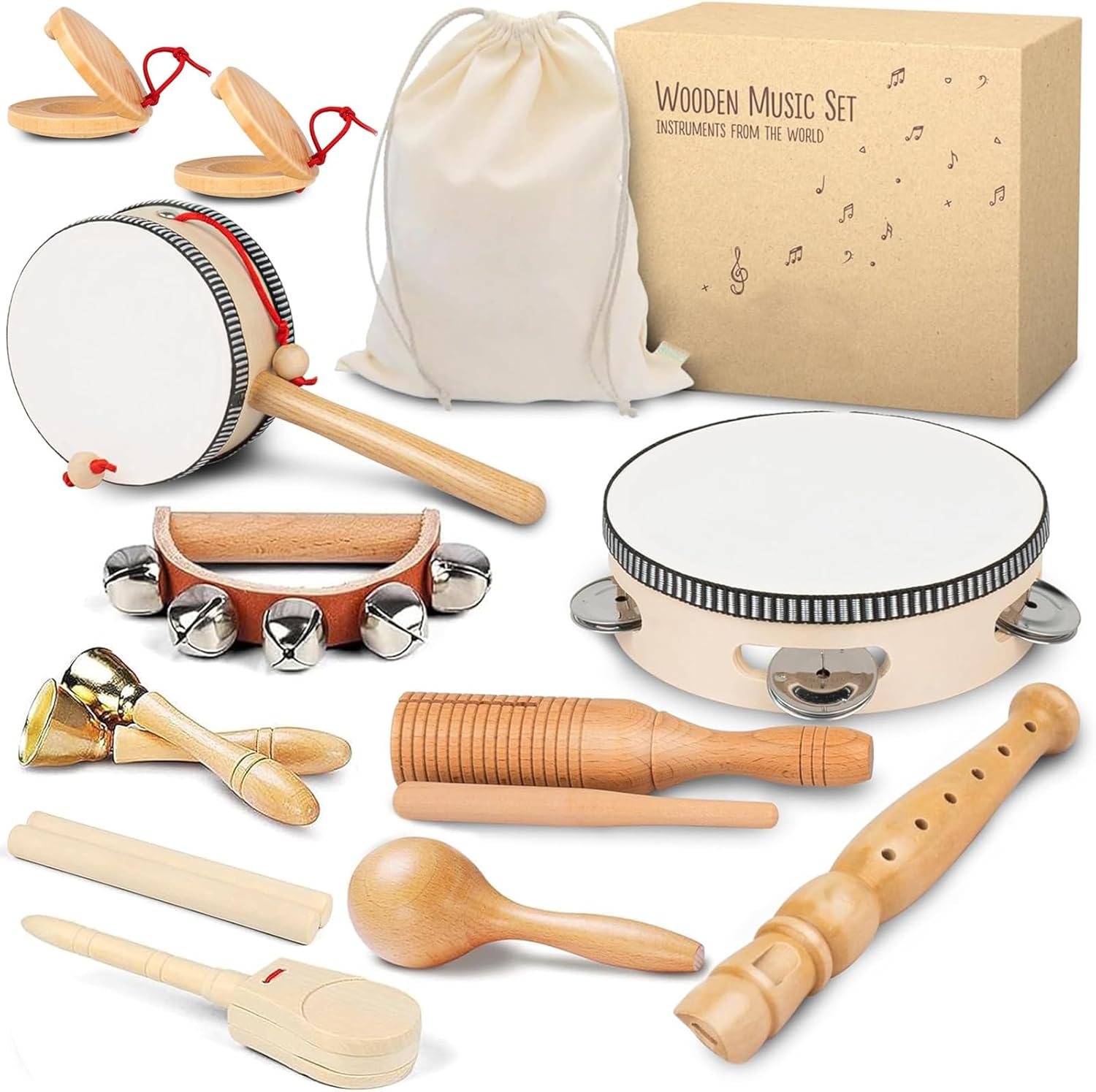 Wooden Kids Musical Instruments for 1-9 Years Old, with Drum, Hand Bells, Flute, Maracas, Castanet, Tamburine, Chime Bar,For Babies and Toddlers, Durable, Safe, Montessori Educational Toy, Storage Bag image number 2