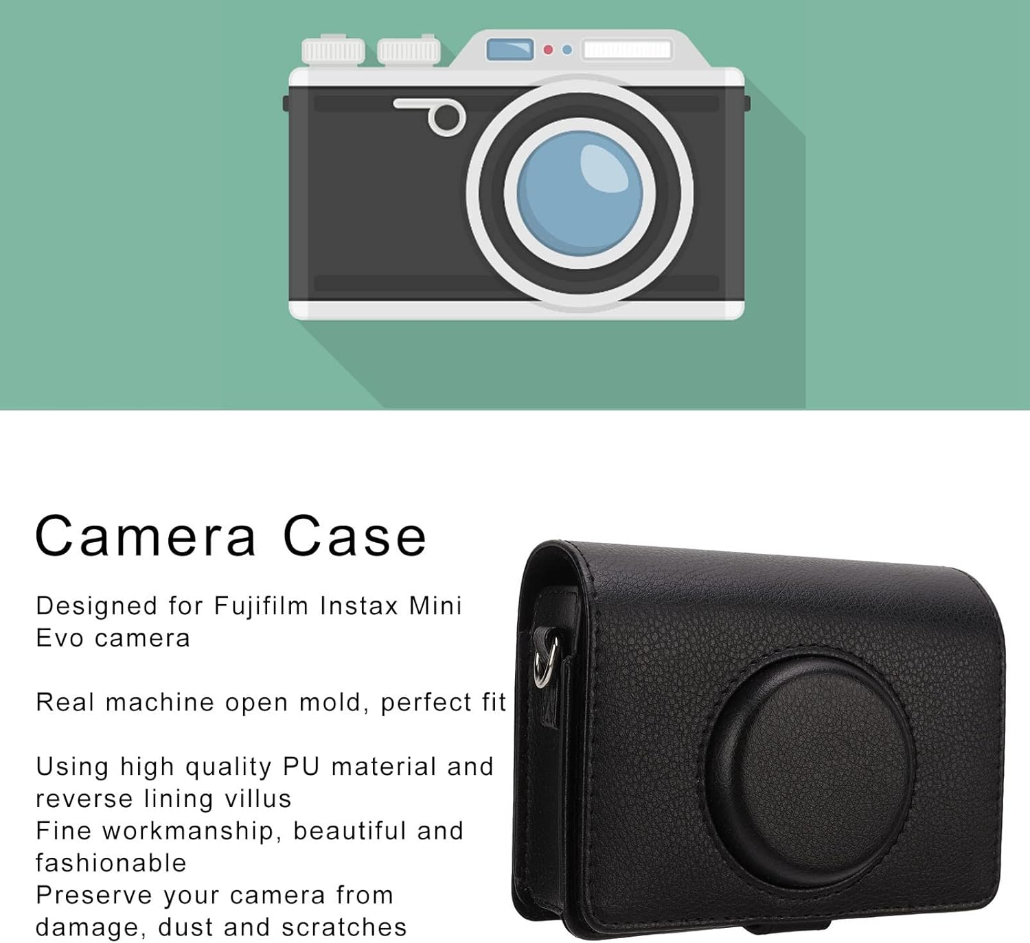 Protective Case for Fuji Inst Mini Evo Camera, Instant Camera PU Leather Bag with Removable Adjustable Shoulder Strap, Camera Case for Mini Evo (Black) - Black image number 6