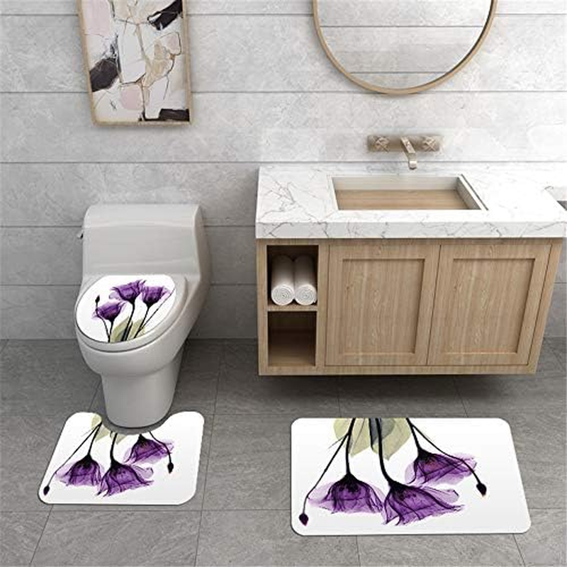 3 Pieces Polyester Non Slip Bathroom Mat Sets Bath Mat + Pedestal Mat + Toilet Seat Cover Mat, Morbuy Home Decor - Floral Print (Blue)