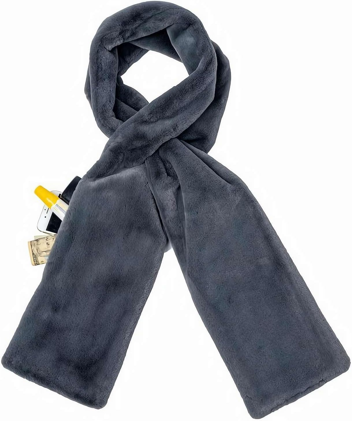 Faux Fur Pull through Scarf with Hidden Zipper Pocket, Soft Cozy Warm Pocket Scarf for Hands-Free Storage Phone & Valuables