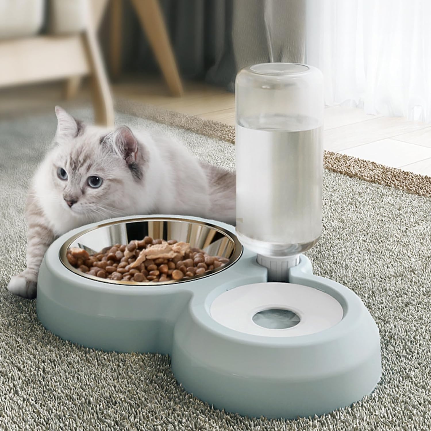 Taoluwin Cat Food and Water Bowl Set, Stainless Steel Automatic Refill Pet Bowls, Siphon Waterer with Splash Guard, Anti-Tip Double Dish for Cats/Kittens/Small Dogs image number 6